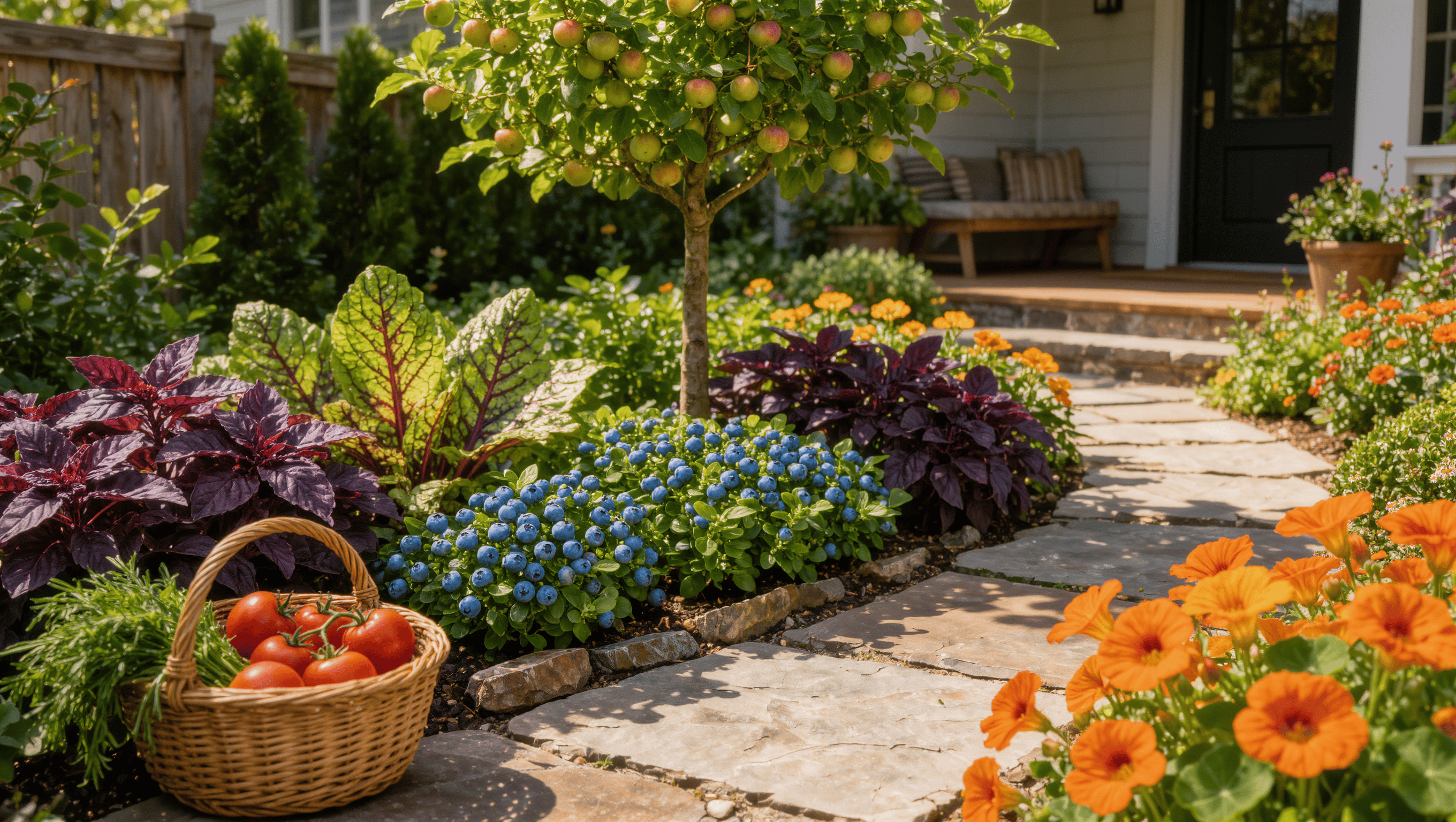 A front-garden bed mixing a small fruit tree, purple basil, rainbow chard, blueberries, and orange nasturtiums along a flagstone path.