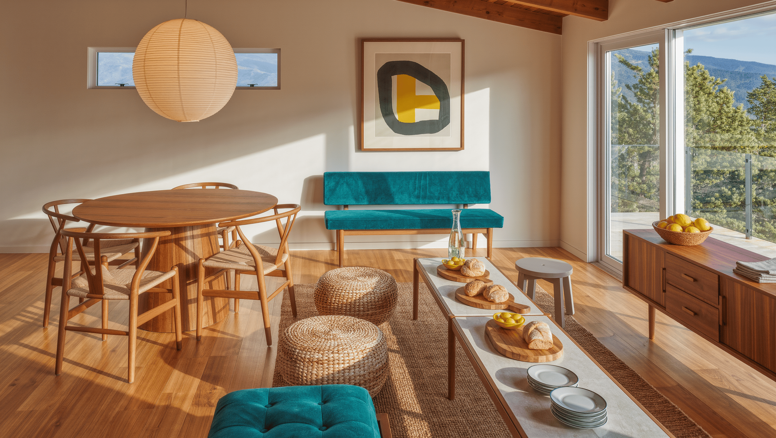 A relaxed daylit living room with four wooden chairs, a teal bench, poufs, and a stool gathered around a long coffee table set for casual grazing.