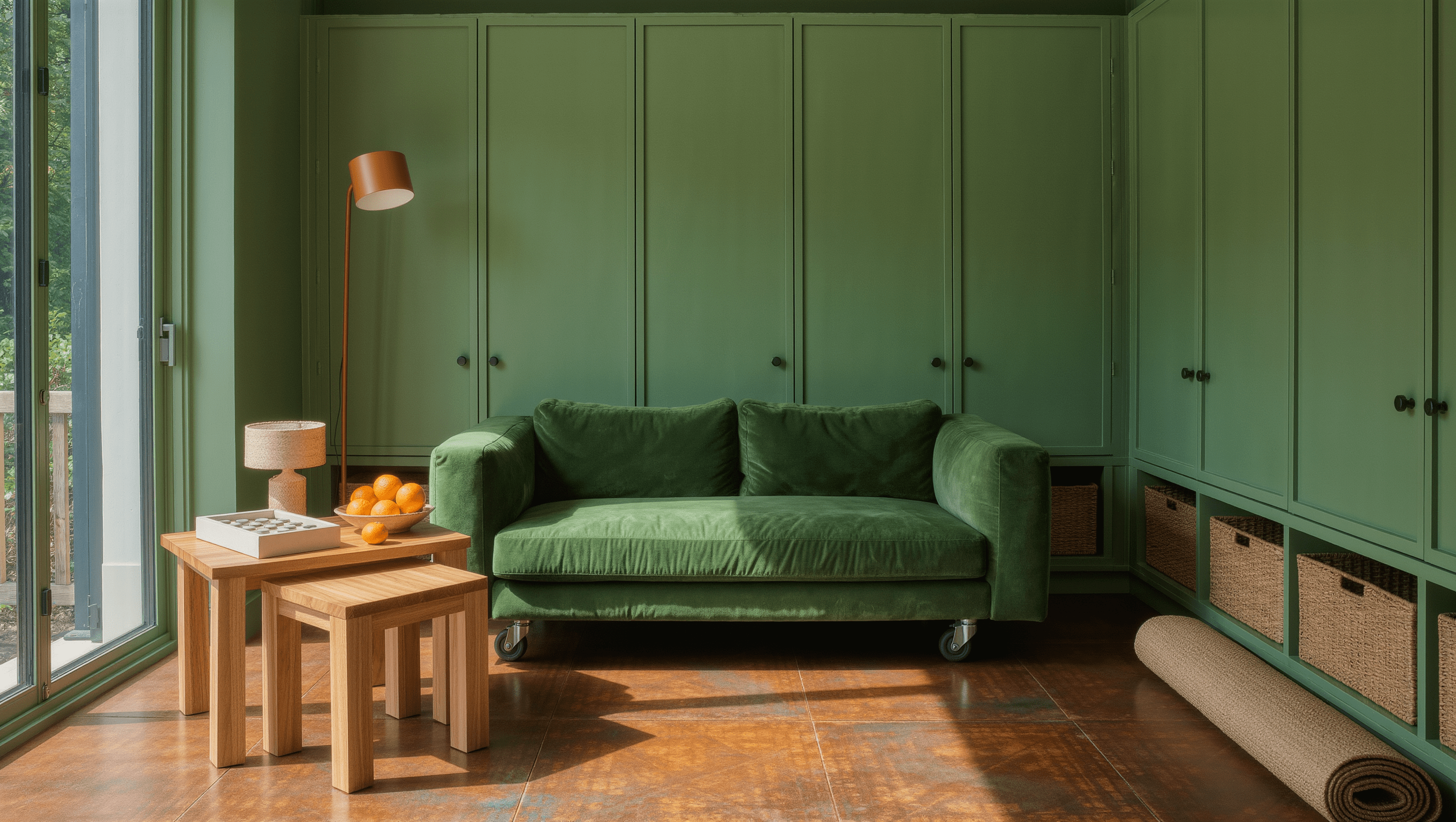 A flexible family room with a modular forest-green sofa on casters, nesting oak tables, closed storage cabinets, and bright midday daylight.