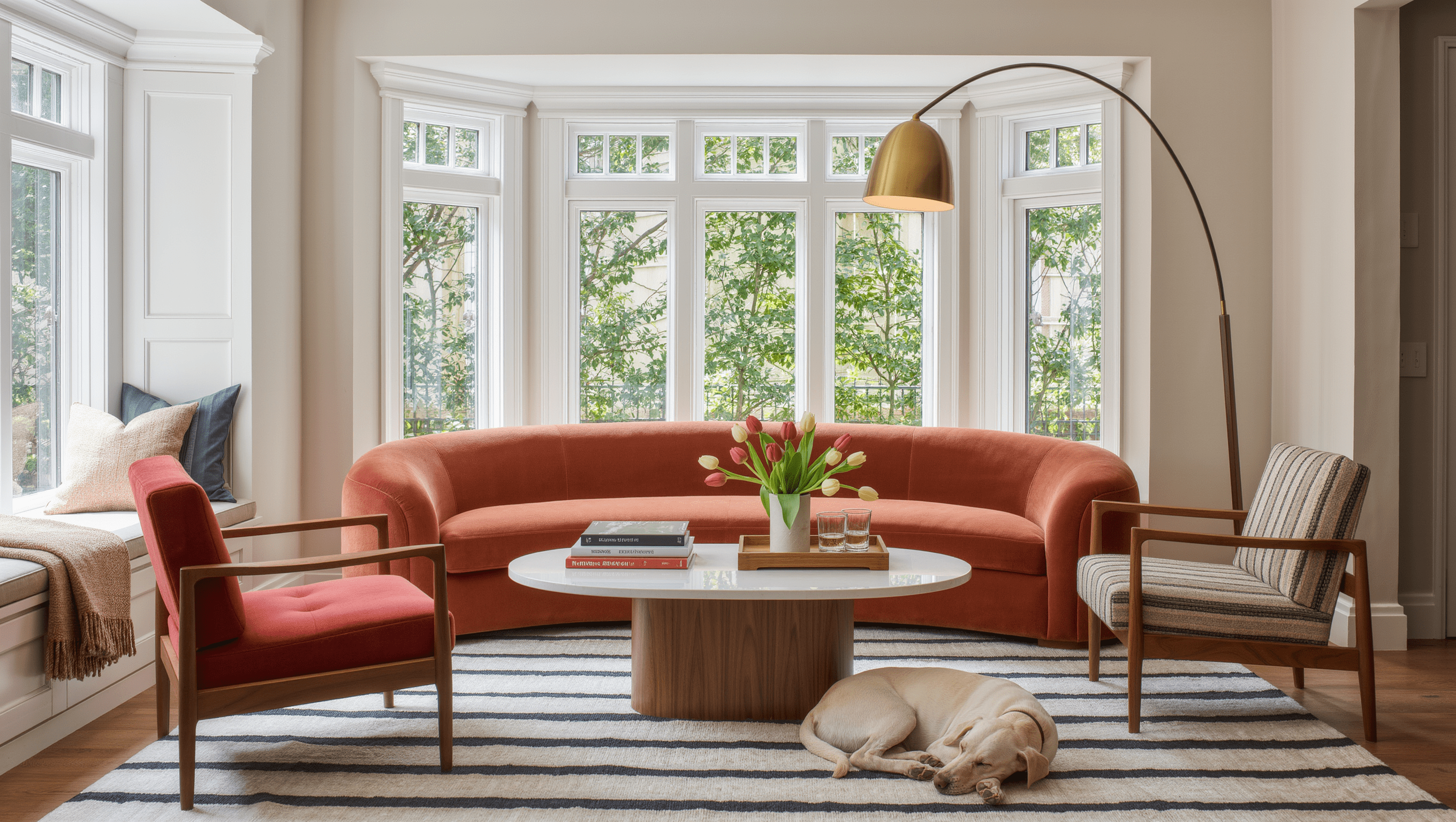 A living room edited down to one terracotta sofa and two armchairs, with open floor, a clear path, and a dog asleep on the rug.
