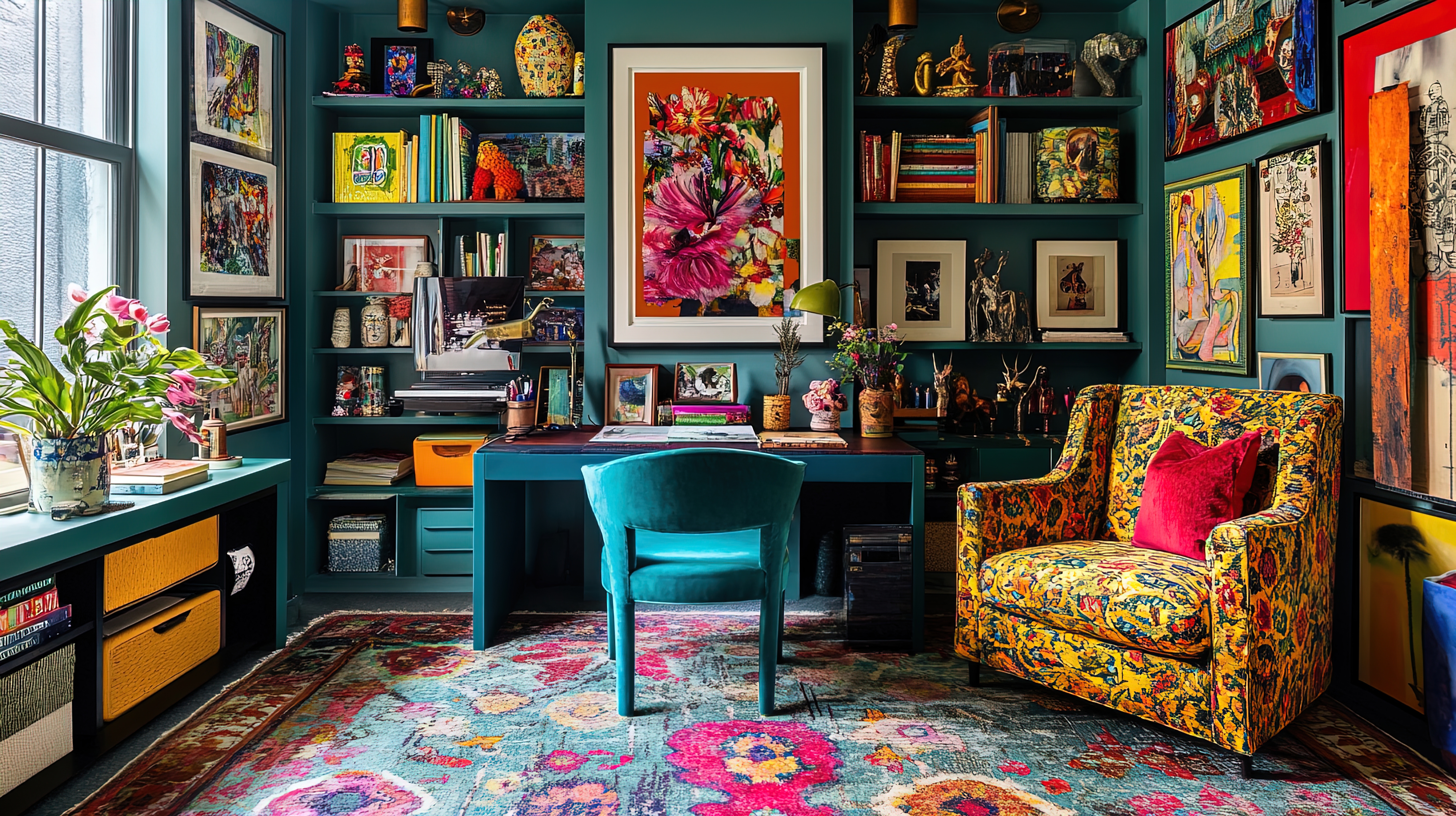 Maximalist home office with teal desk, gallery wall, and floral rug