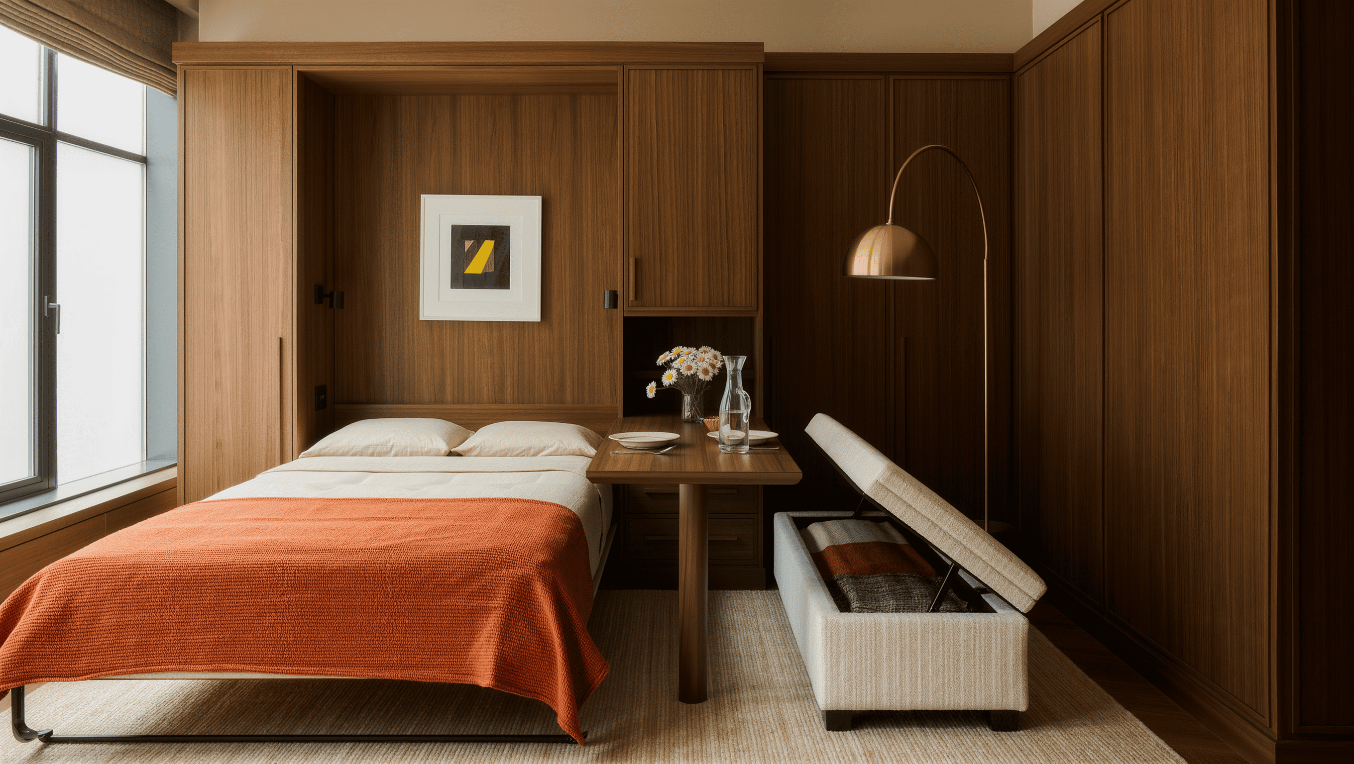 A studio apartment with a walnut wall bed folded flush, an extended console dining table, and a storage ottoman in daylight.