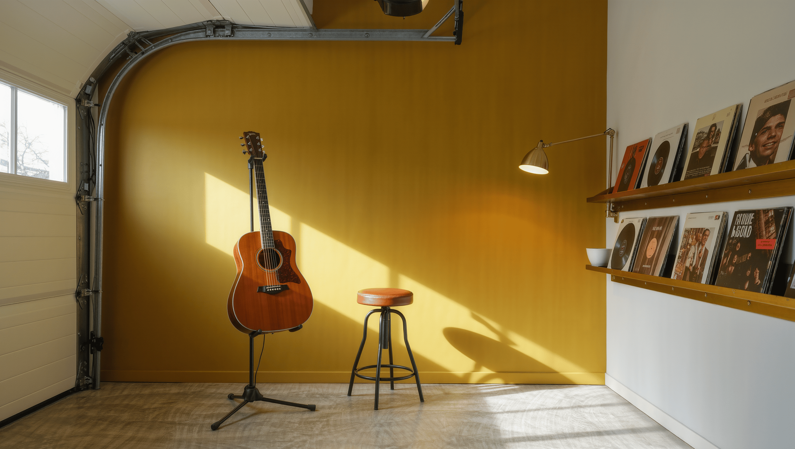 A mustard accent wall behind a guitar stand and leather stool in a converted garage music room.