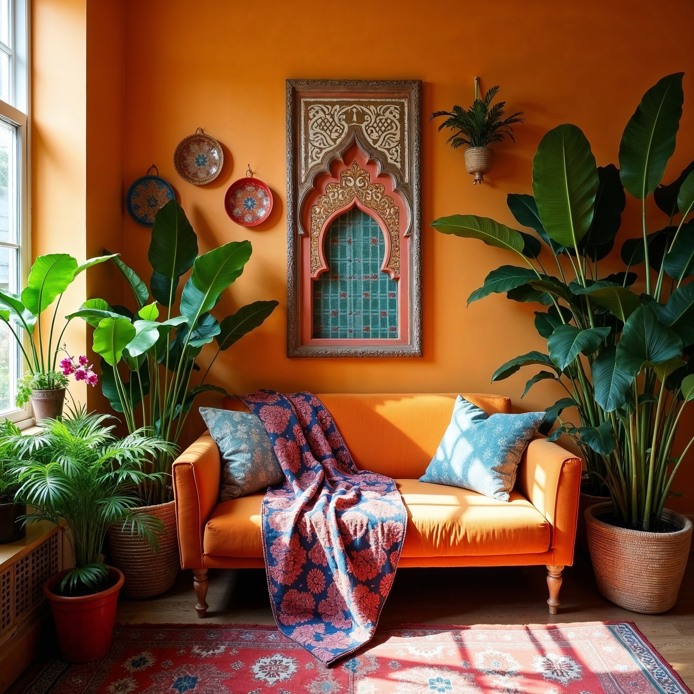Eclectic small studio with patterned textiles and indoor plants