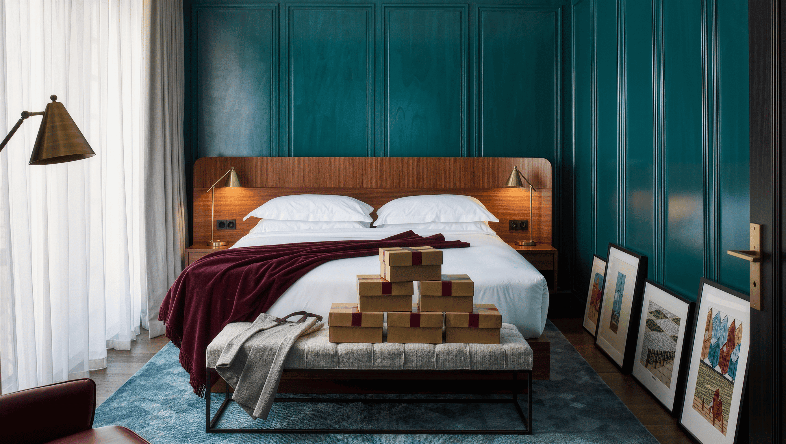 Bright guest room with teal walls, walnut bed in pressed white linens, and a bench at its foot stacked with unopened boxes and a garment bag.
