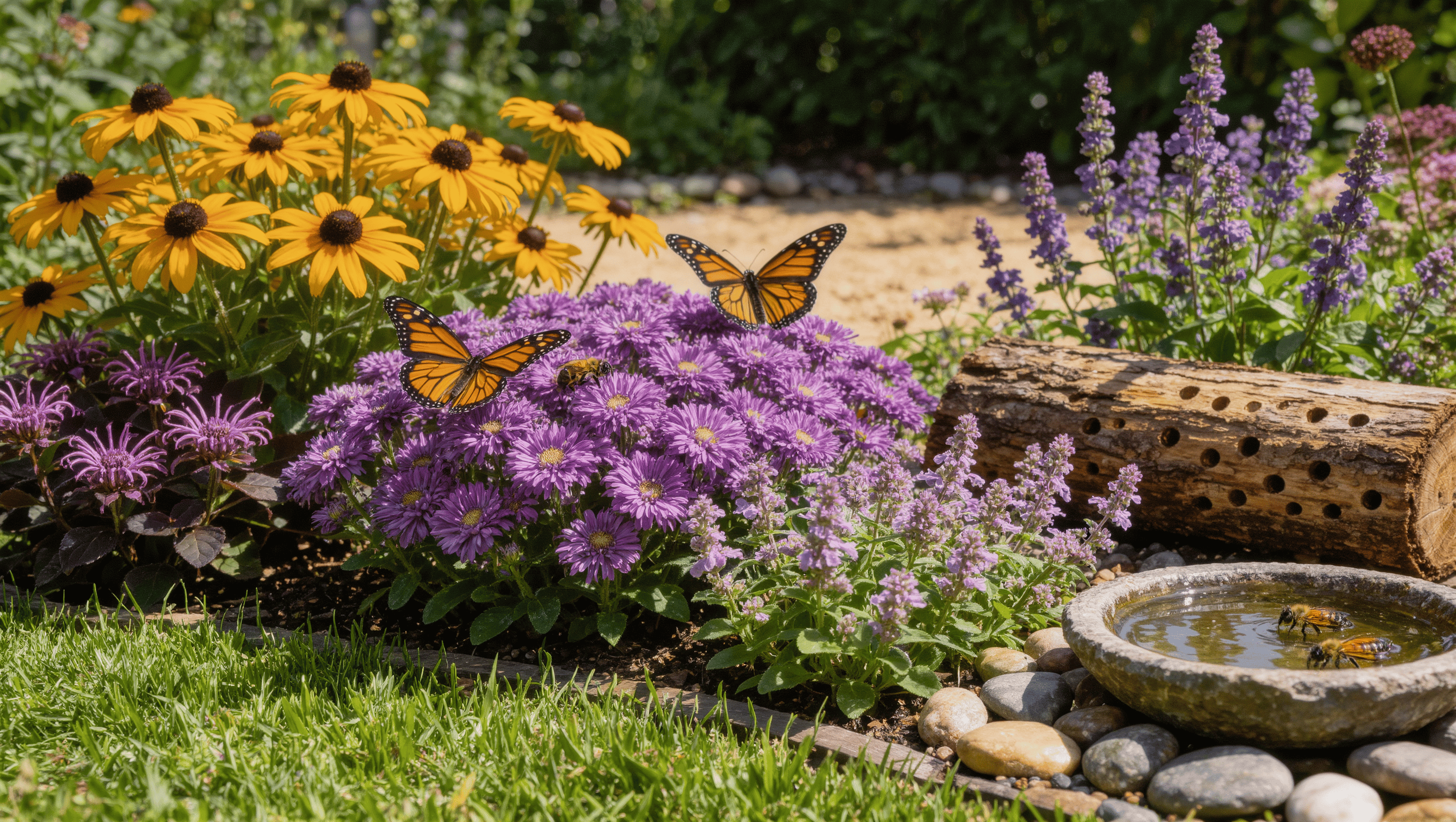 A pollinator garden with drifts of coneflower, black-eyed susans, and bee balm, a nesting log, and a shallow stone water dish with pebbles.