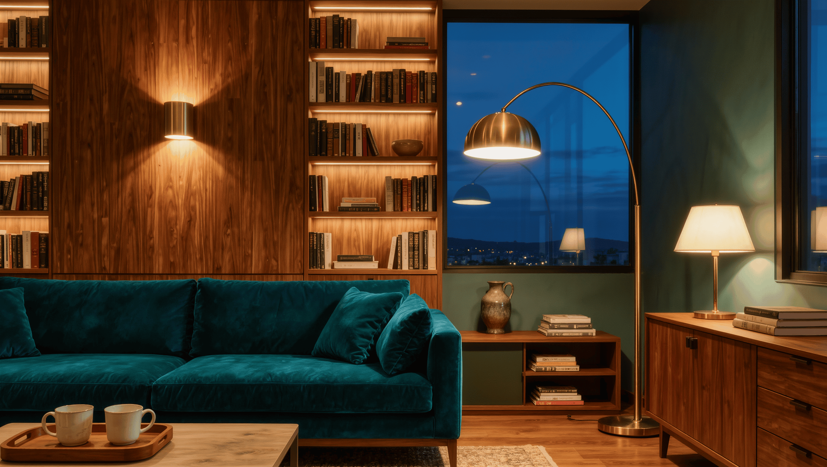 An evening living room with a teal sofa lit in warm layers by a floor lamp, wall sconce, and table lamp, with dusk sky in the window.
