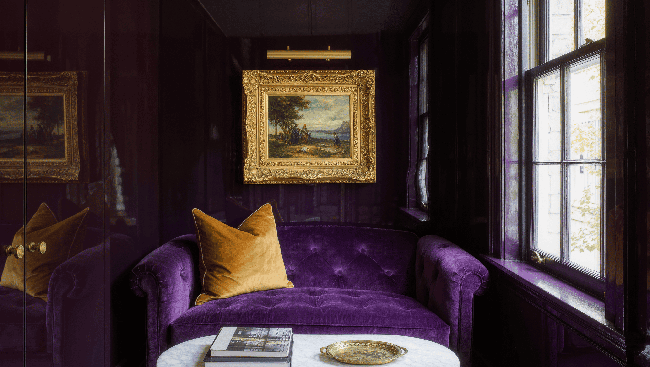 Small sitting room with glossy aubergine walls, a plum velvet loveseat, and a marble drinks table lit by a tall window.