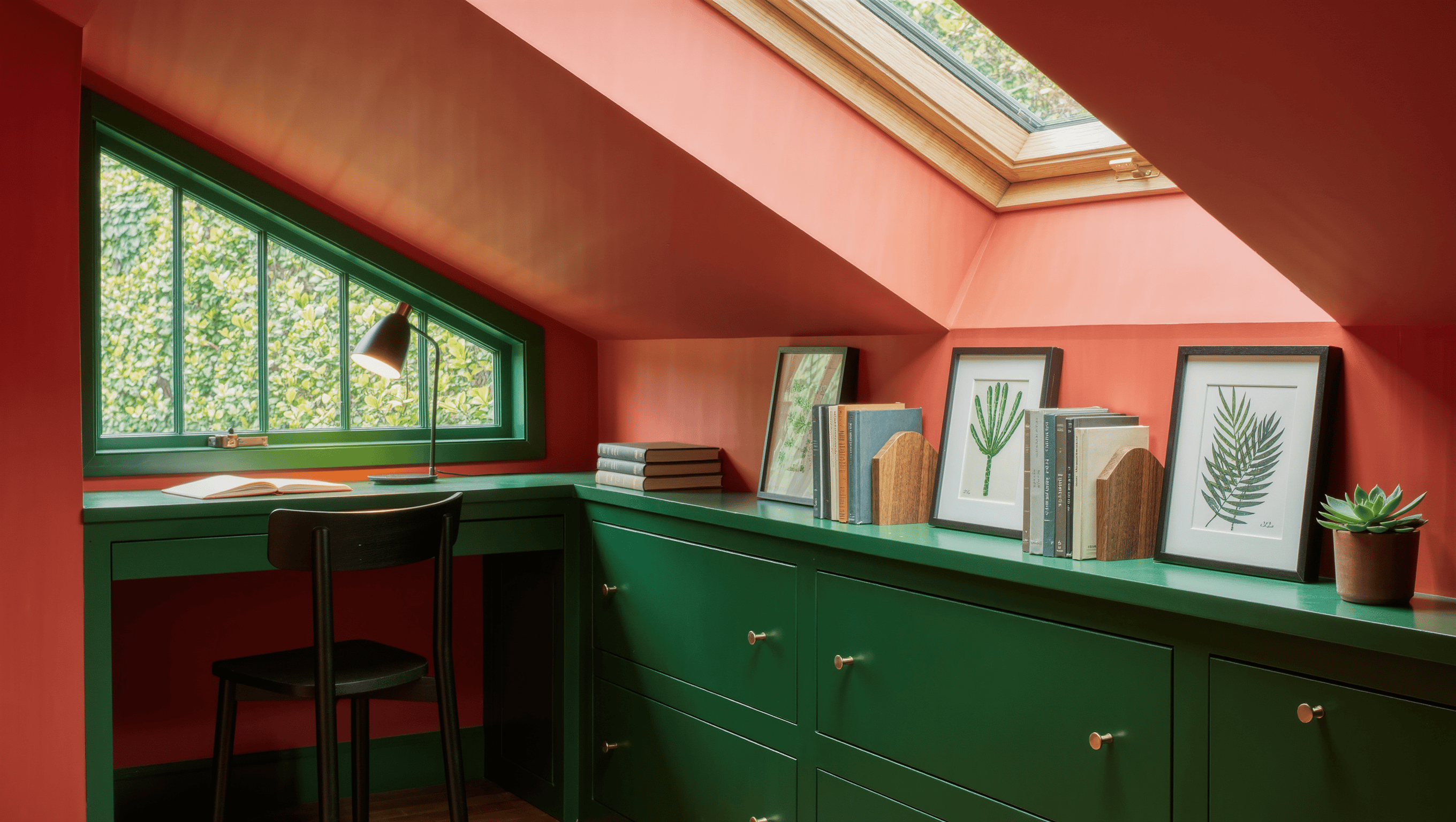 An attic study with deep-green fitted drawers built into the knee wall and a display ledge of framed prints under the sloped ceiling.