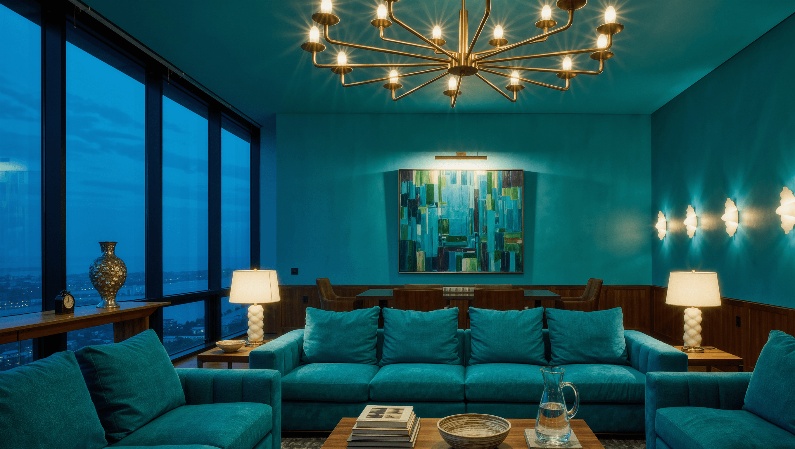 A large peacock-blue living room at dusk lit by a chandelier, table lamps, sconces, and a picture light working together.