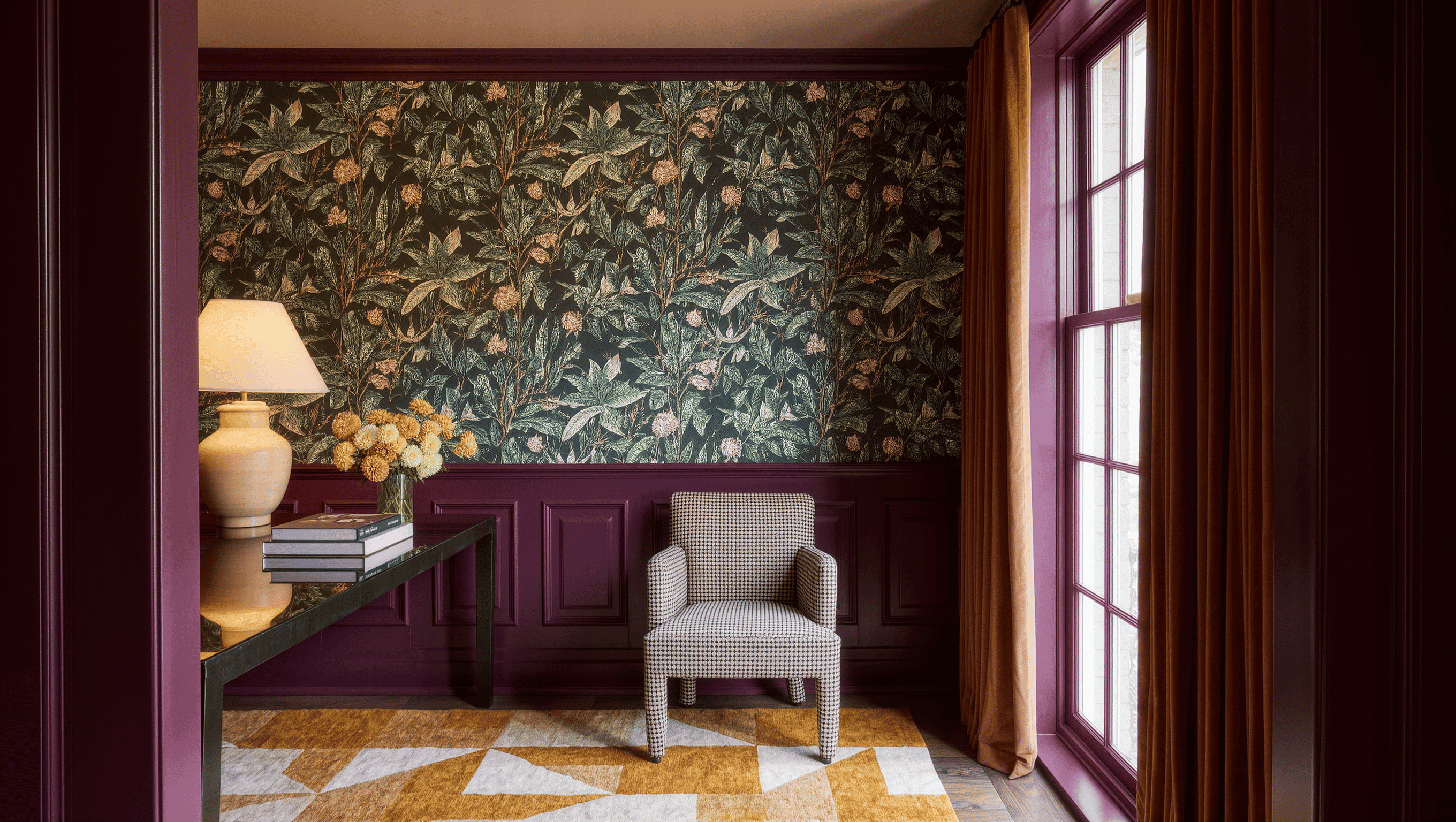 A sitting room with botanical wallpaper over plum wainscoting, a striped armchair, geometric ochre rug, and calm velvet curtains in daylight.