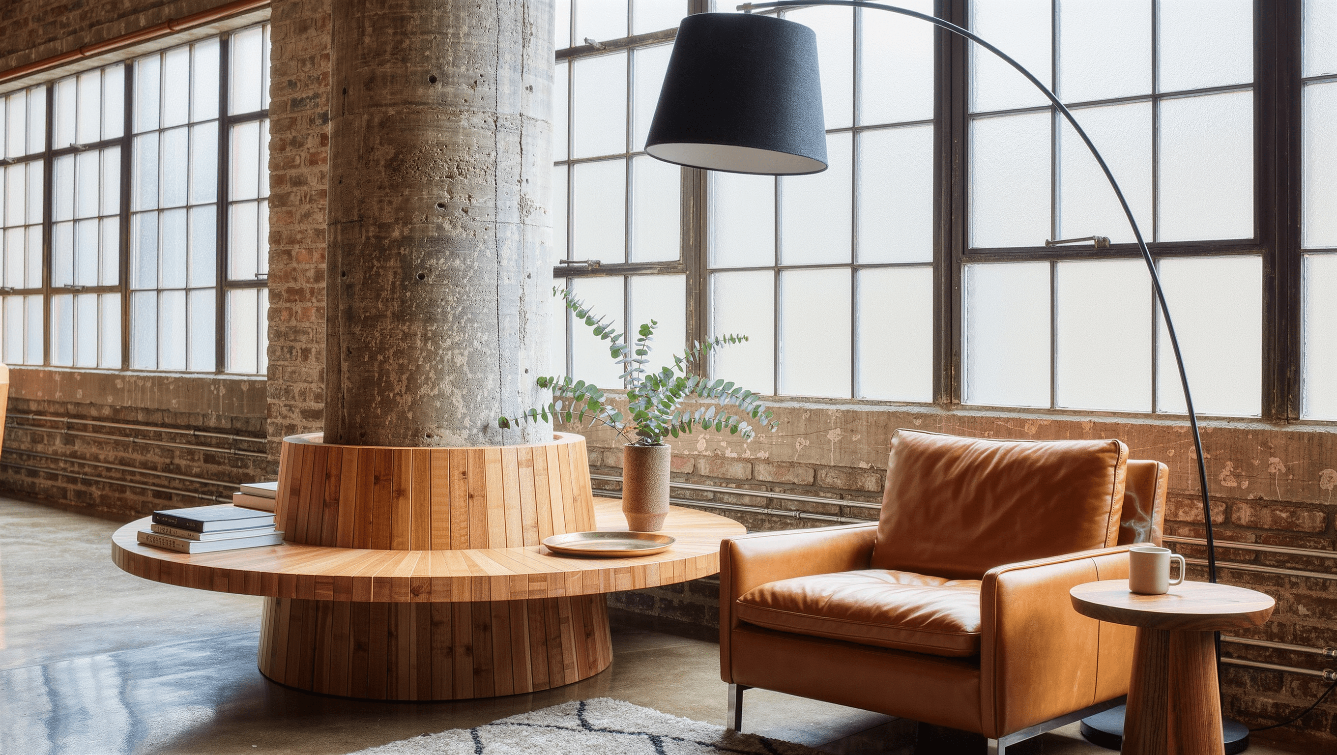 A round concrete column in a bright loft wrapped by a circular oak shelf bench, with an ochre leather armchair beside it.