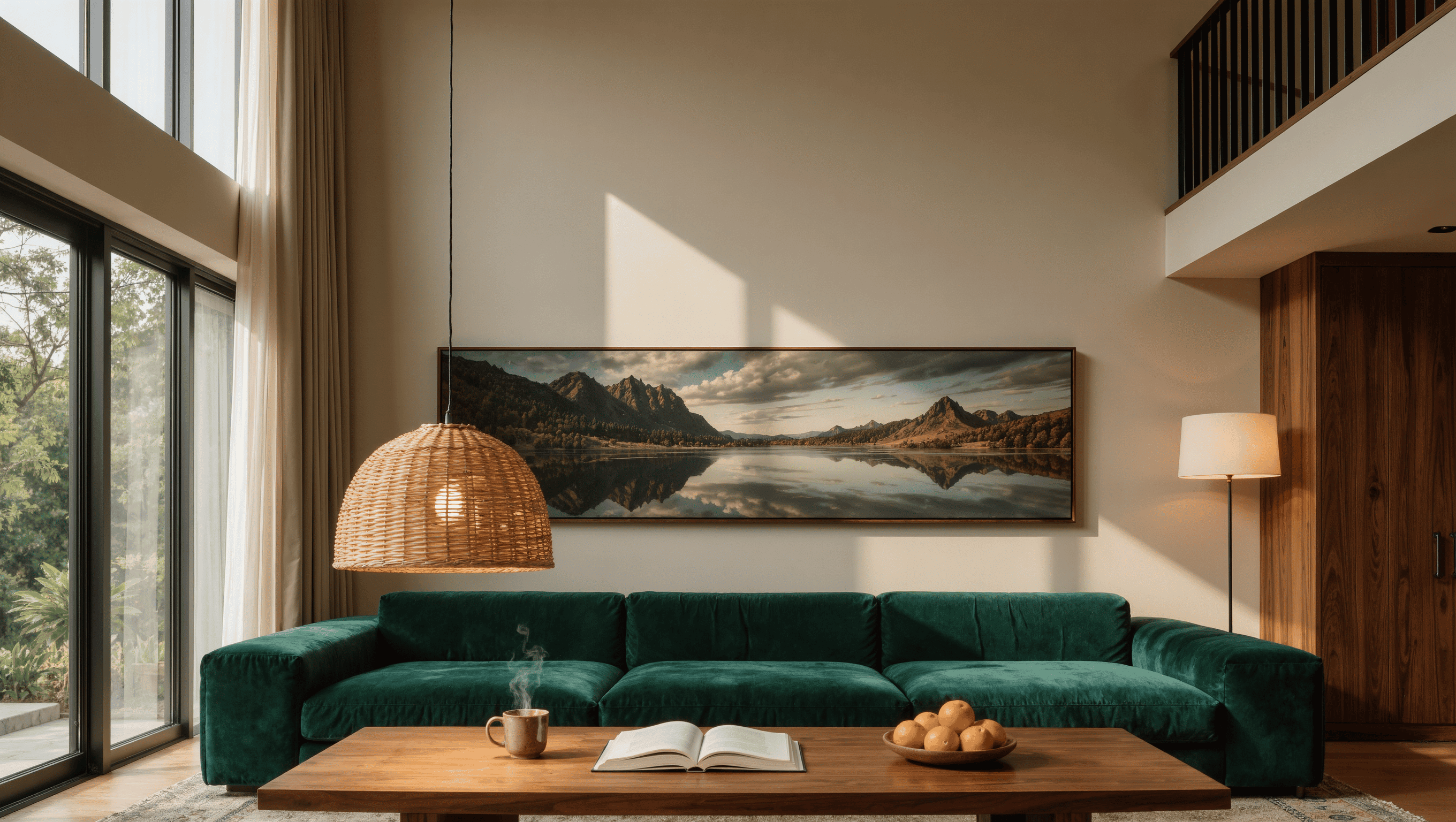 A double-height living room with a low deep-green sofa, an oversized pendant hung low, and wide horizontal art at seated eye level.