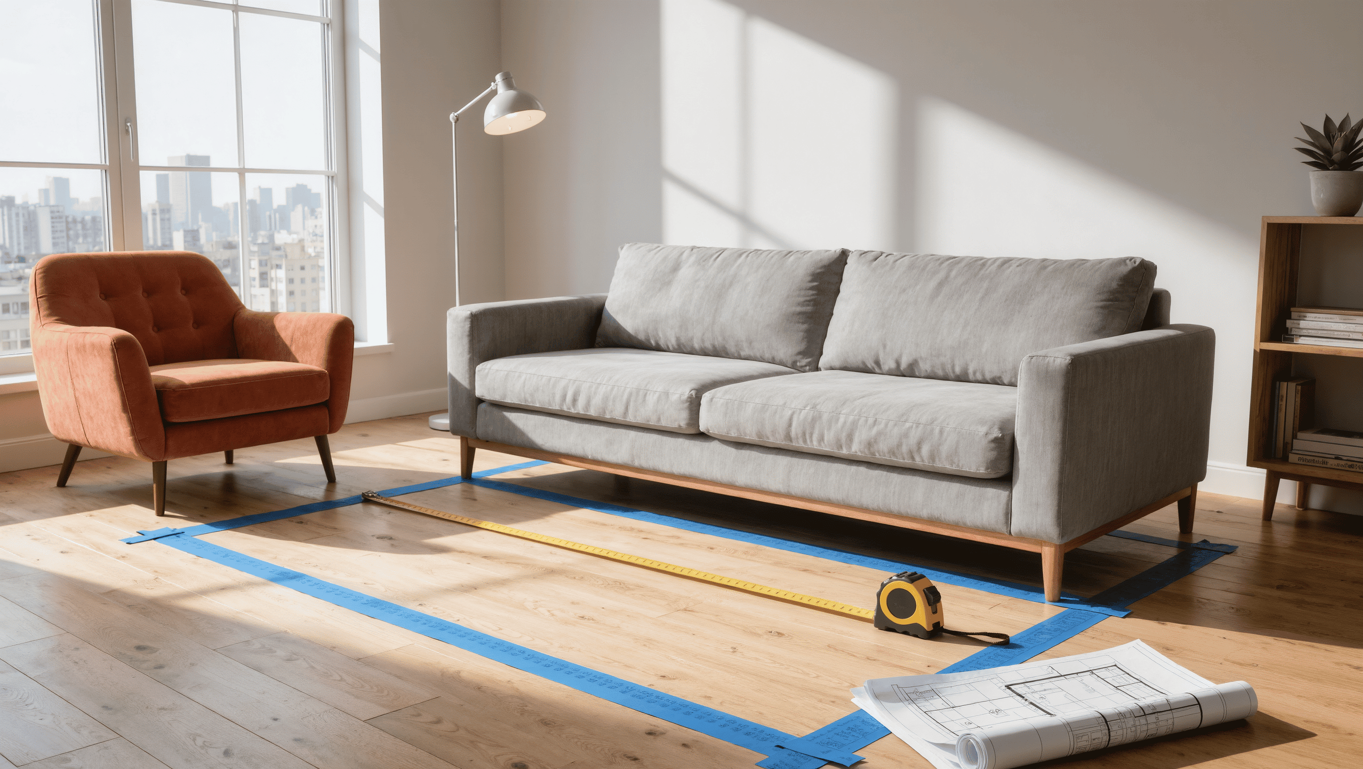 A bright living room with a painter's tape rectangle on the wood floor marking a future sofa's footprint, a tape measure stretched across it.