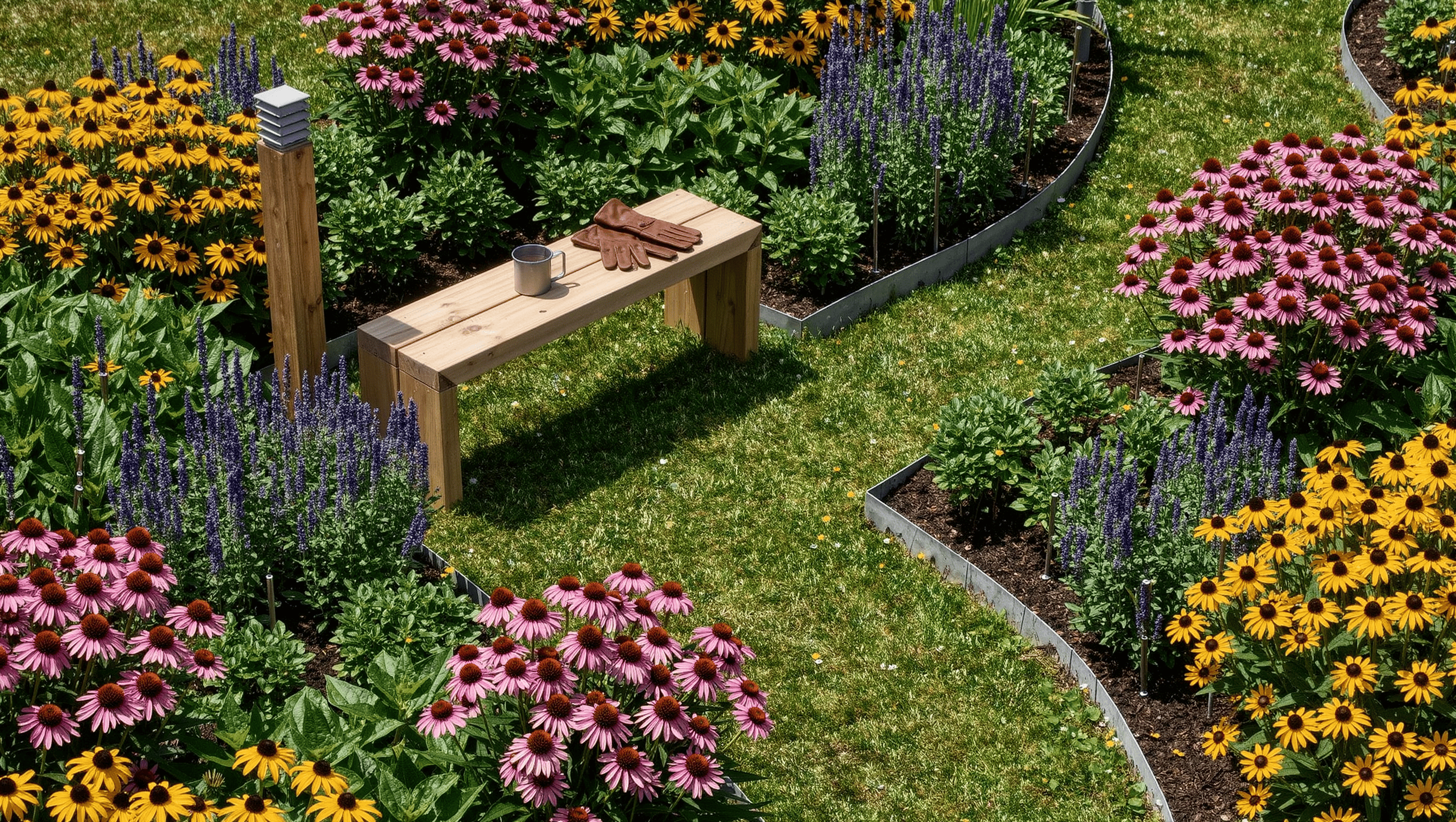 A native landscape with drifts of coneflower and bluestem in steel-edged beds, a mown grass path, and a cedar bench in full morning sun.