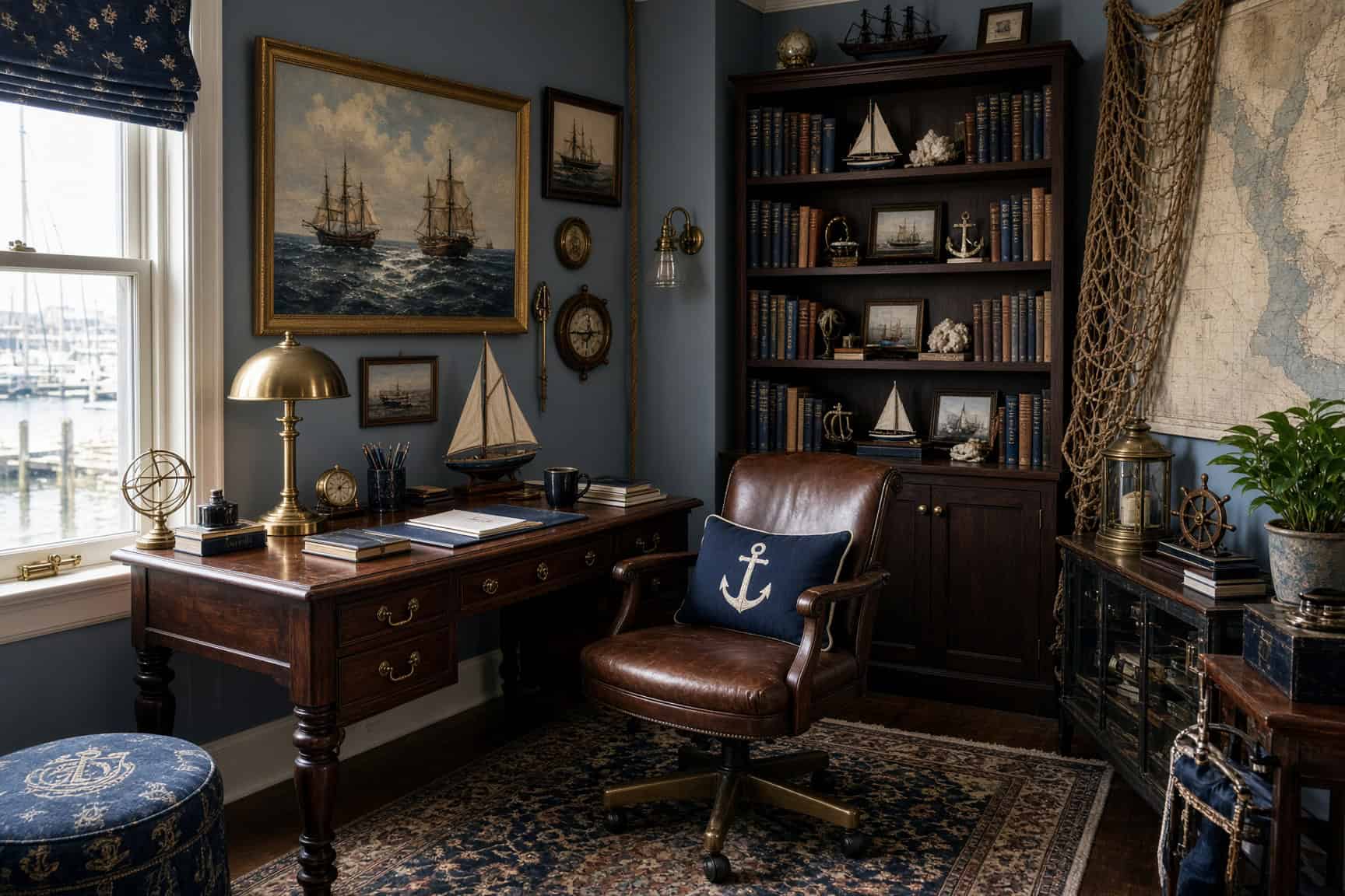 Nautical-inspired home office with coastal design details