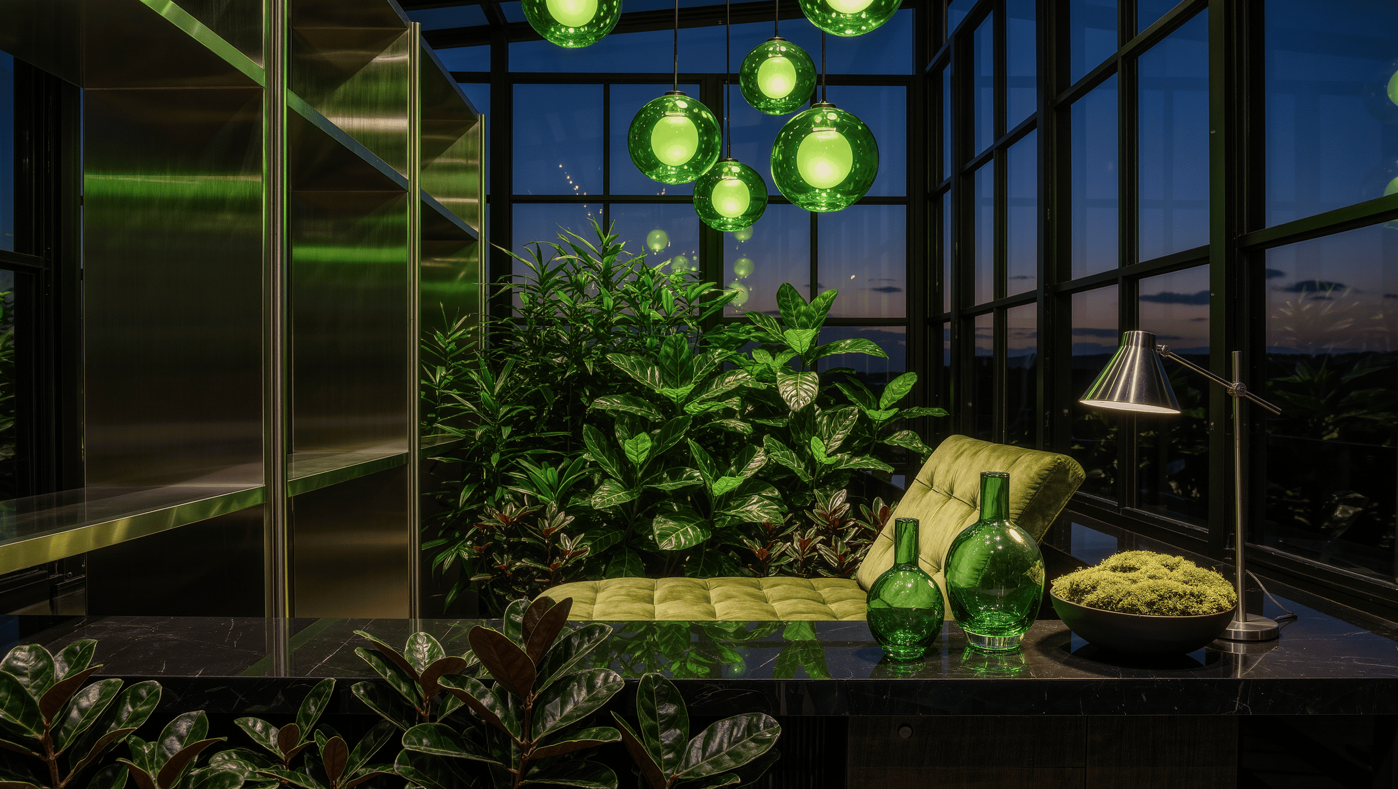 A night-garden room with glossy dark foliage on a black stone ledge, a tarragon velvet chaise, and green glass pendant globes against indigo dusk glazing.