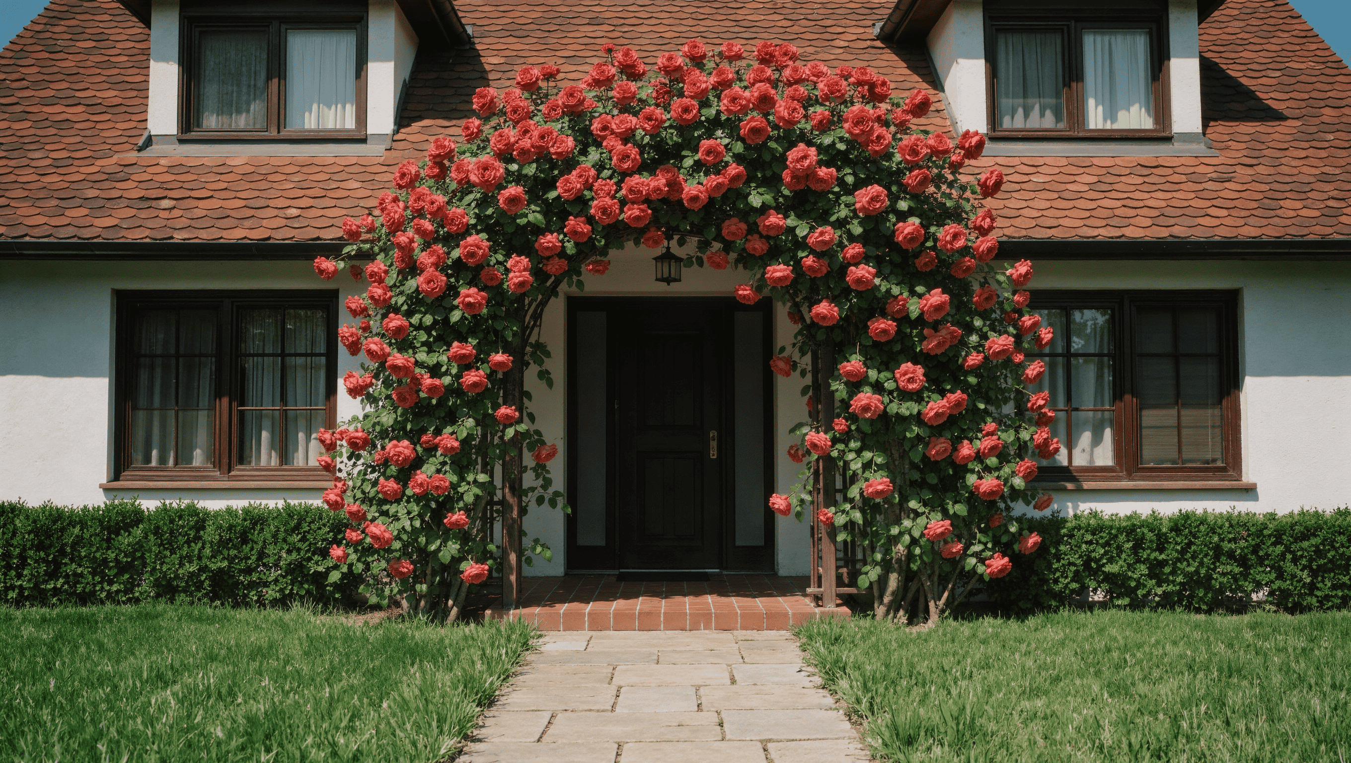 A single mature climbing rose in saturated coral erupting over an arch above a front path, with the rest of the yard kept deliberately calm.
