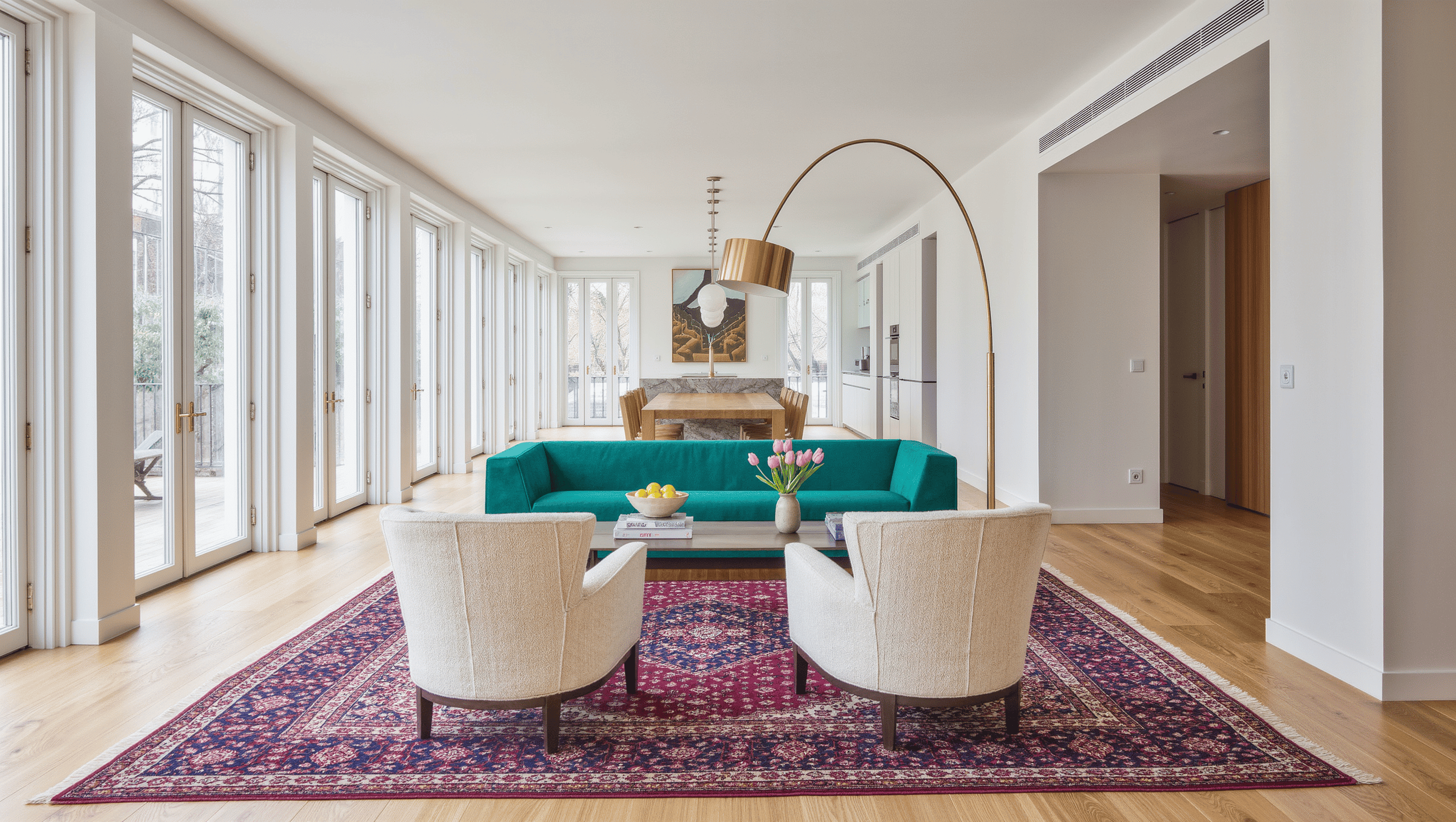 A large living room where a single oversized plum-and-cream rug anchors the whole seating group on a wide oak floor.