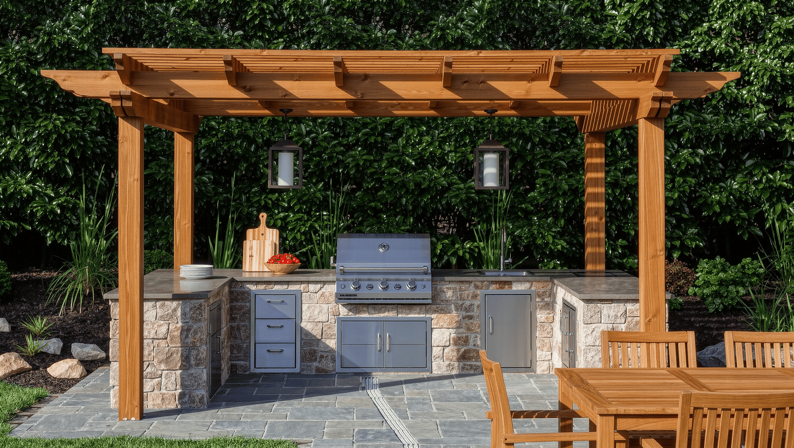 An outdoor kitchen with a grill set into a stone counter, generous landing space, storage drawers, and a shade pergola in late-morning sun.