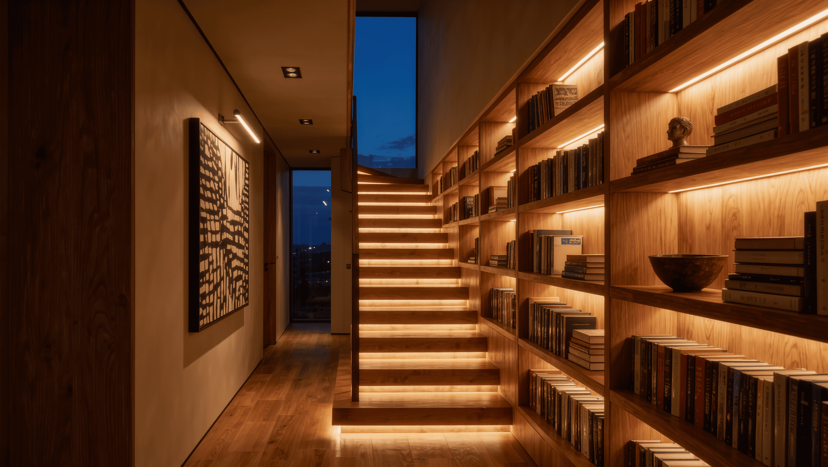 A hallway and stair at dusk with warm LED strips washing shelf niches, recessed step lights on each tread, and a picture light over artwork.