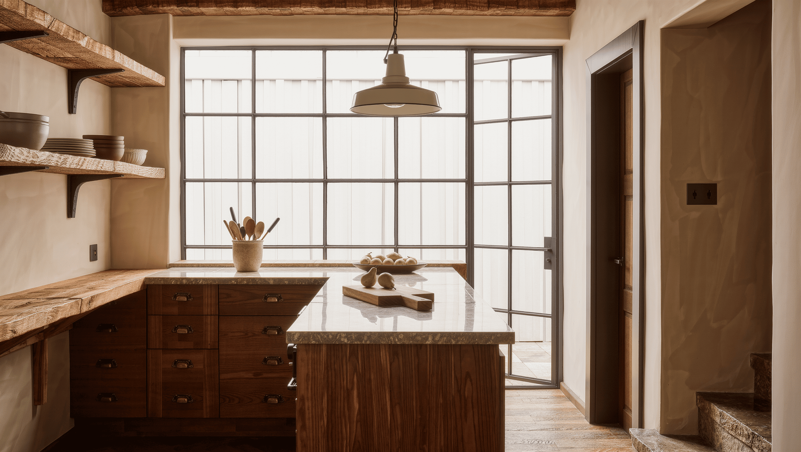 A kitchen corner with thick reclaimed-oak shelves on iron brackets, a workbench island with stone top, and daylight through a steel window.
