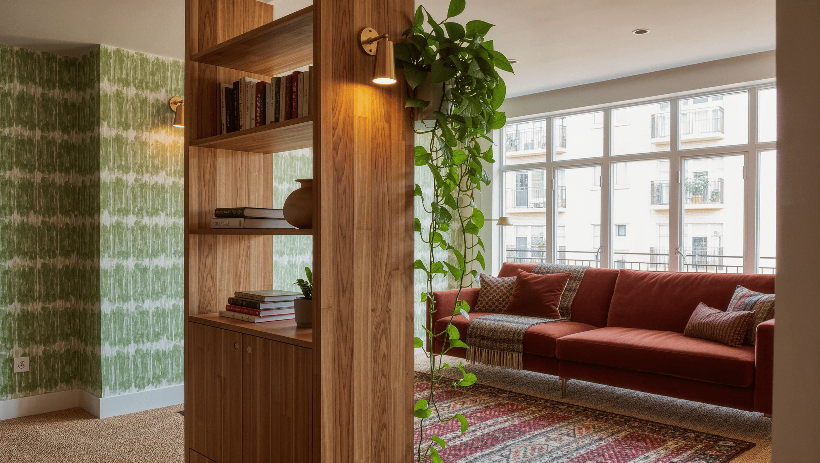 A rental living room with removable sage wallpaper, a freestanding oak shelf with plug-in sconces, layered rugs, and a rust sofa in daylight.
