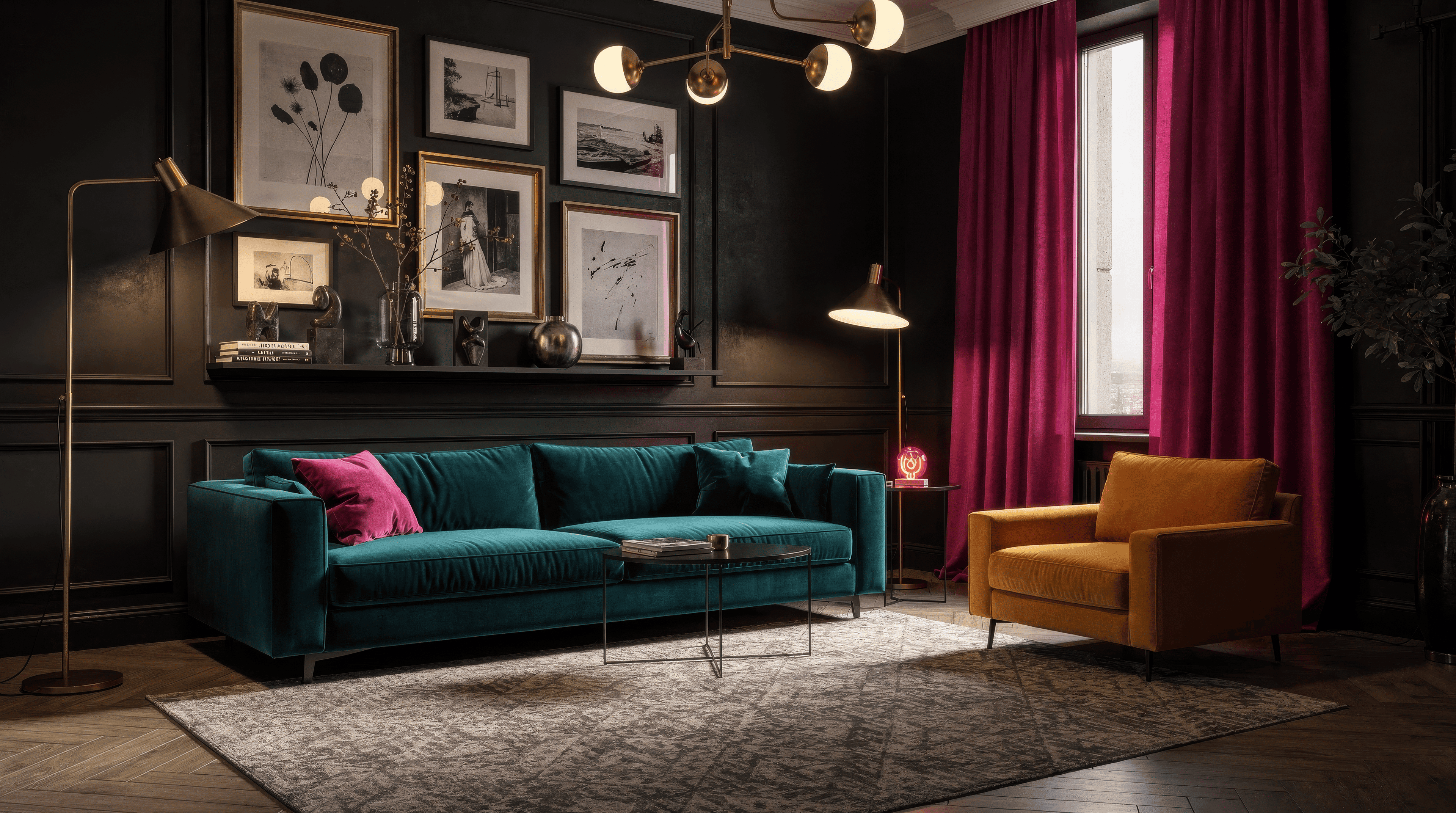 An exuberant living room with a matte black gallery wall, deep teal velvet sofa, fuchsia drapery, a marigold chair, aged-brass lighting and a restrained electric accent arranged with clear circulation and visual hierarchy.