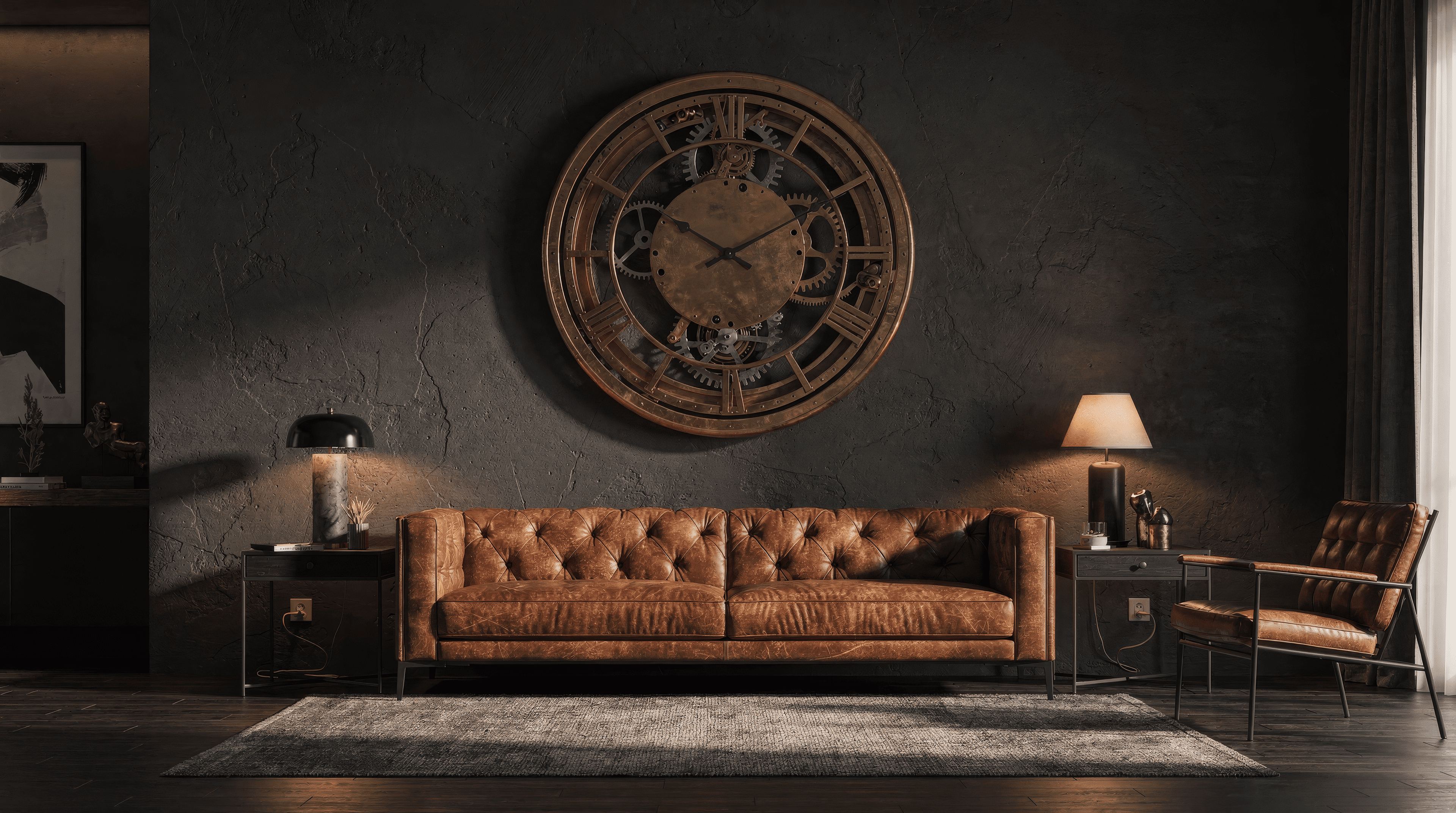 A moody residential lounge organized around one monumental bronze-toned wall clock above a low cognac sofa, with restrained furniture and warm grazing light keeping the clock as the dominant hierarchy piece.