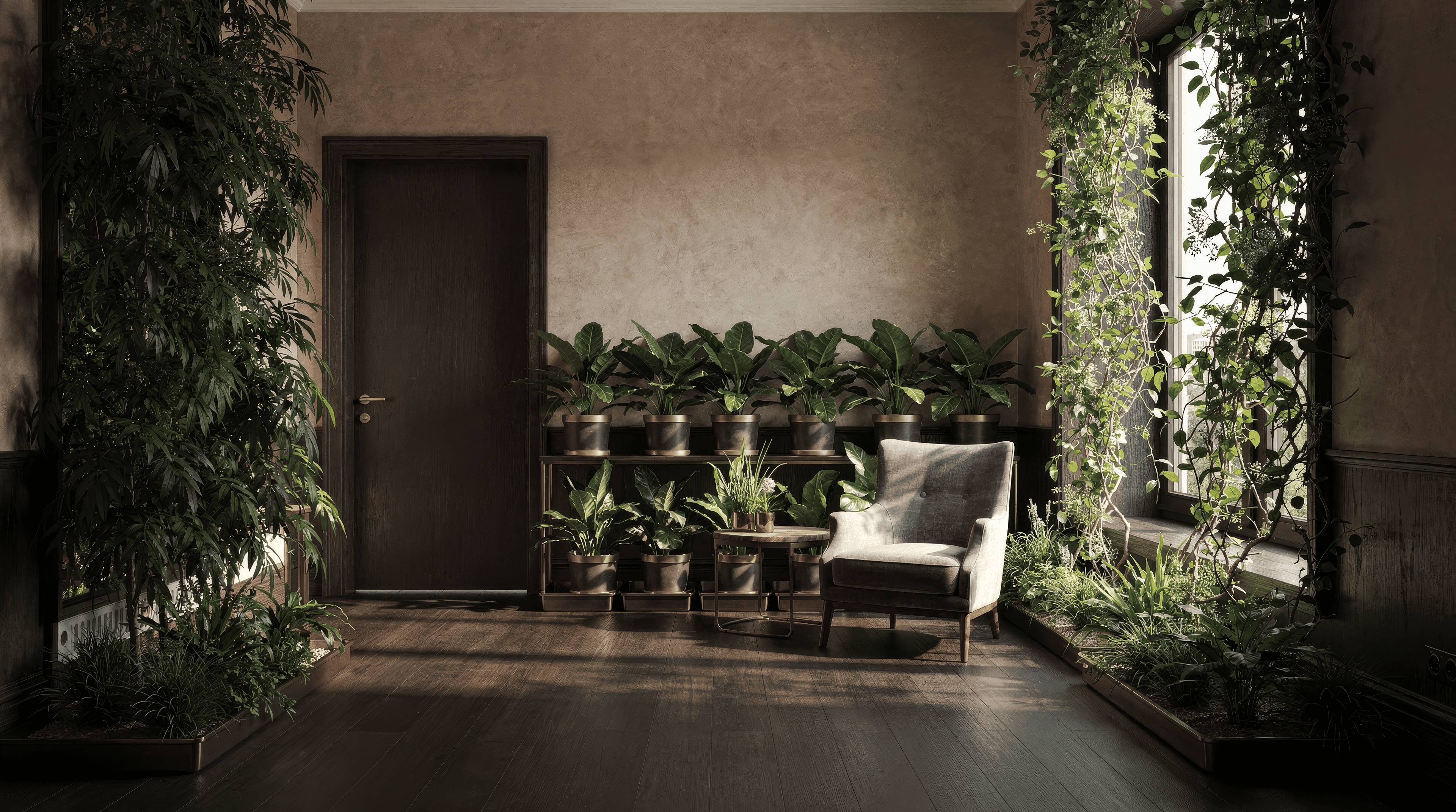 A dedicated plant room where tall greenery frames a doorway, medium plants form a soft divider, climbing foliage screens part of a window and low planting guides the floor edge while a chair, work surface and clear care route keep the room usable.