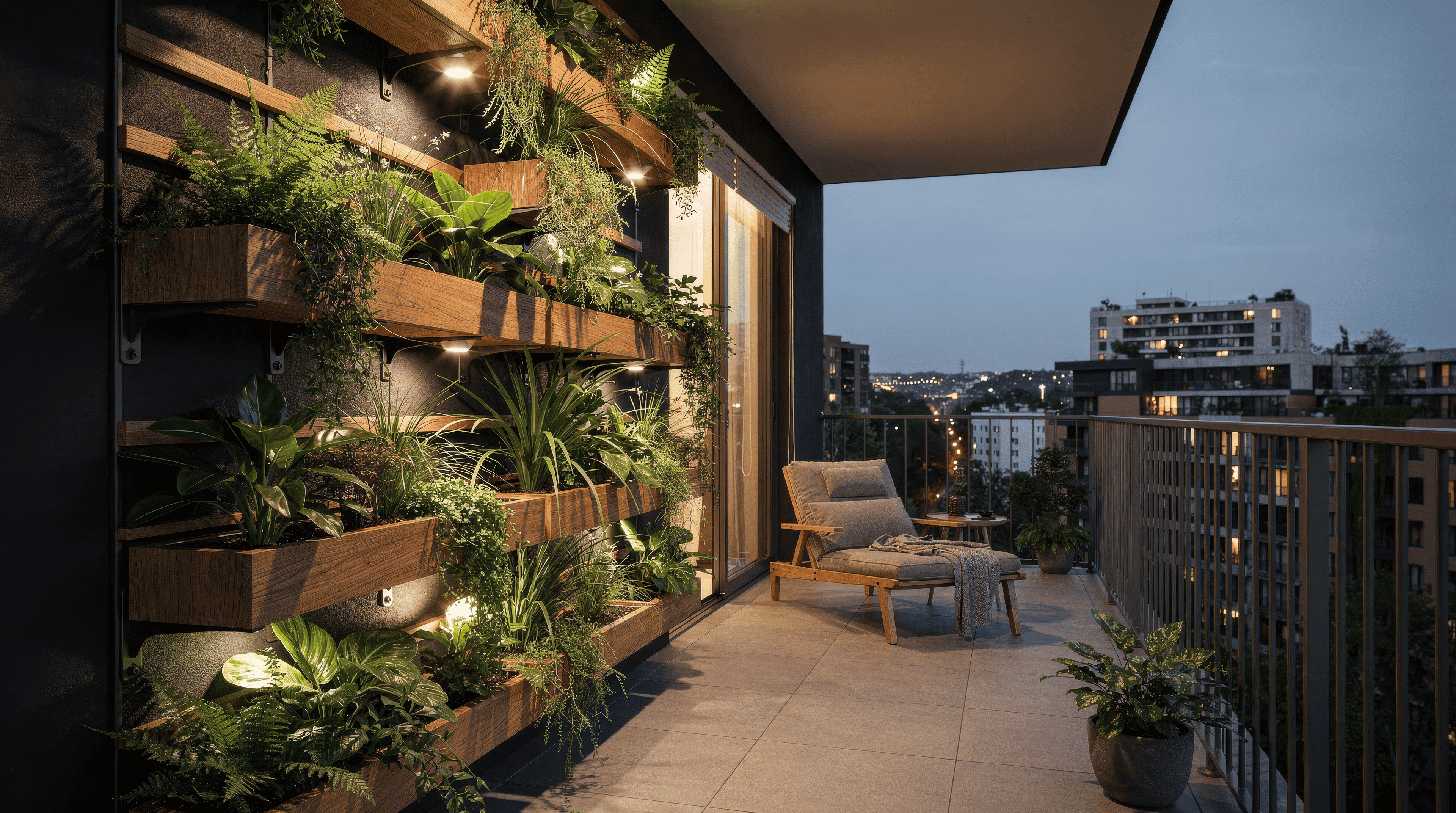 A narrow urban balcony with a staggered timber vertical garden on a charcoal wall, dense layered foliage and trailing plants, small warm lights, and an open railing preserving the distant city view.