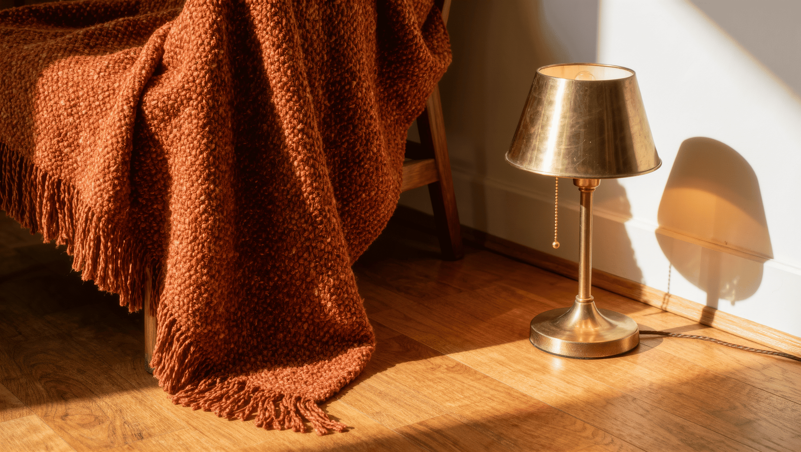 A rust woven throw echoing the tone of an existing orange oak rental floor