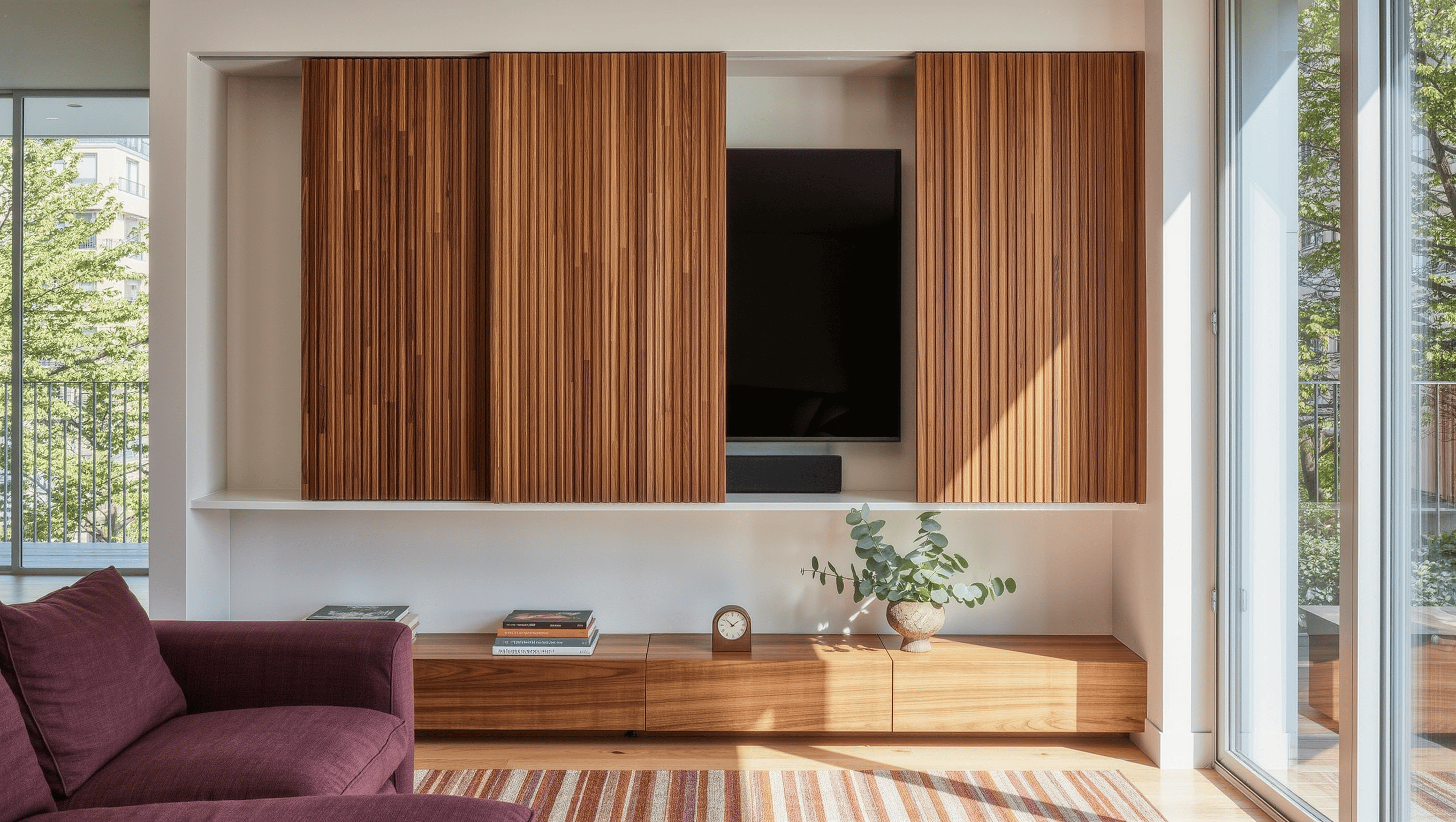 A daylight living room where fluted oak sliding panels are drawn halfway across a TV niche above a white oak credenza.