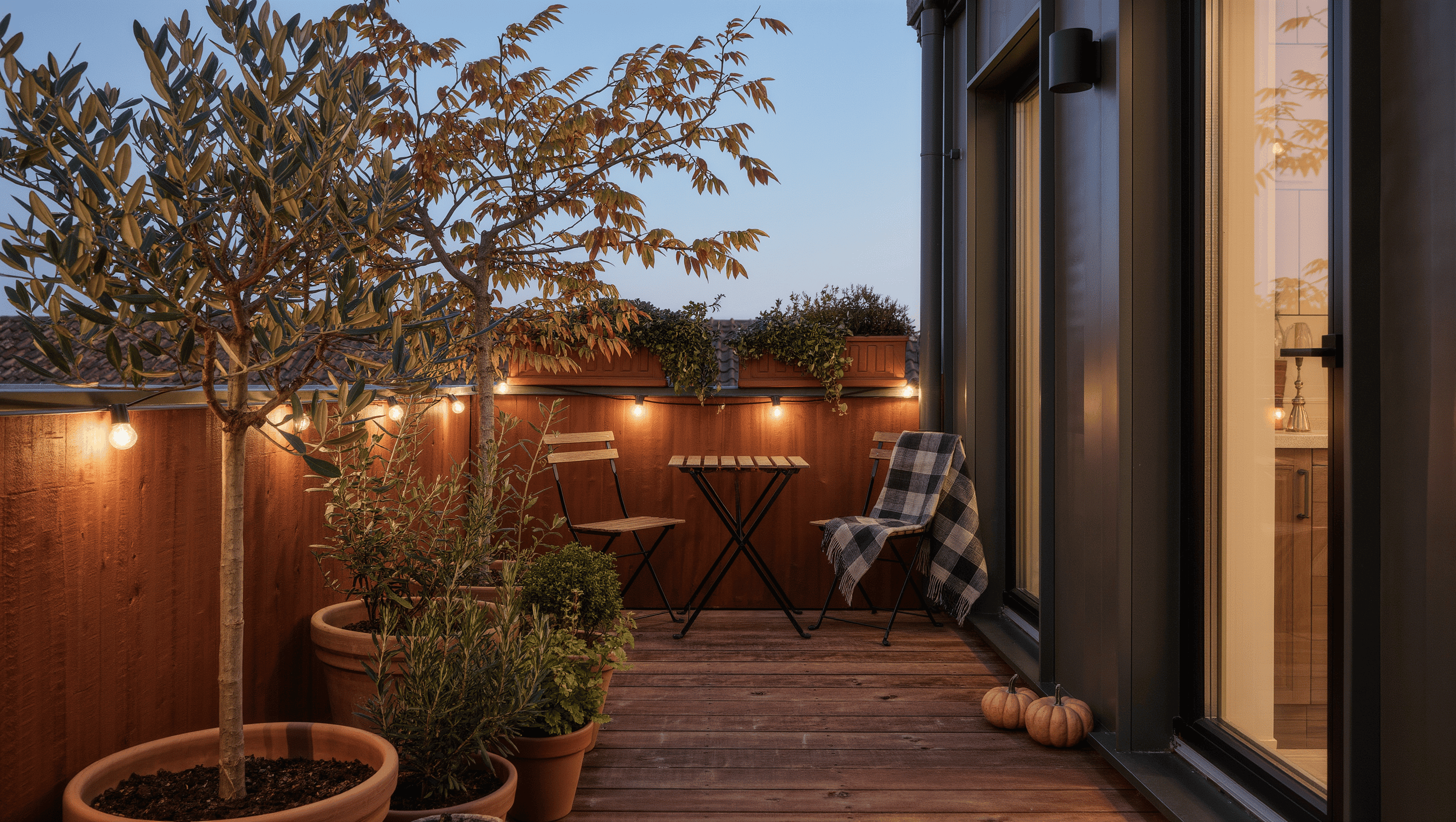 Small urban patio at autumn dusk with potted plants in the foreground, a bistro seating area, and a low planter against open evening sky.