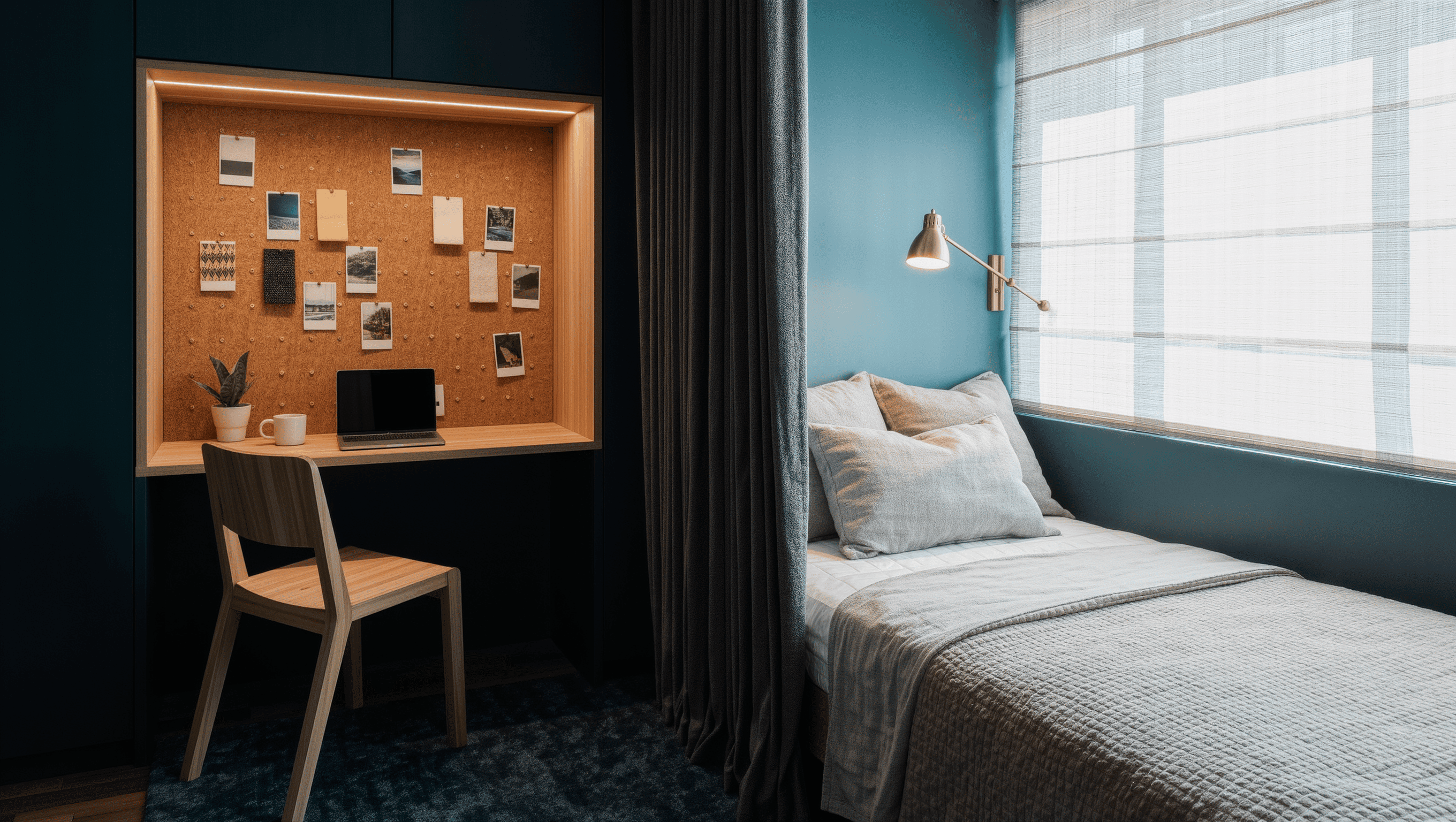 A compact room with a desk zone separated from a daybed by a heavy charcoal wool curtain and a deep-pile rug.