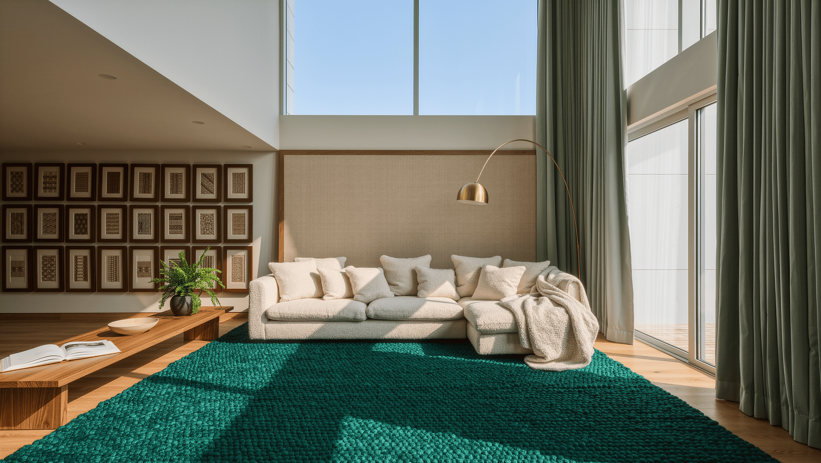 A double-height living room with a large wool rug, sage velvet curtains, and a cream boucle sofa arranged to soften echo.