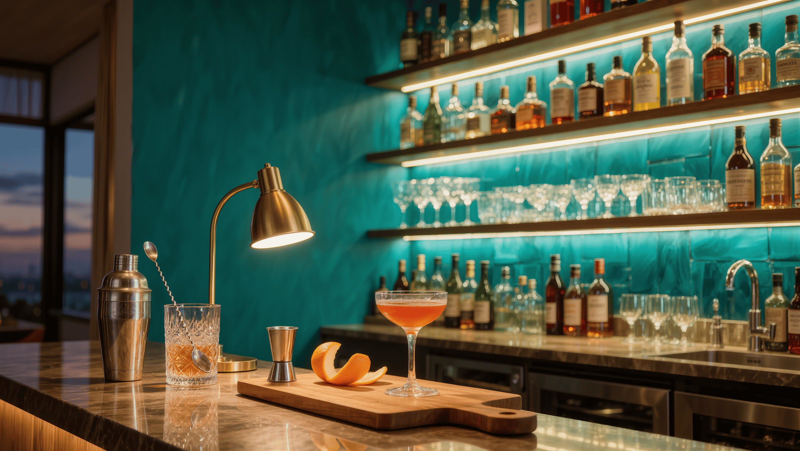 A home bar with backlit glass shelves making bottles sparkle and a brighter task pendant over the counter where a cocktail is mid-build.