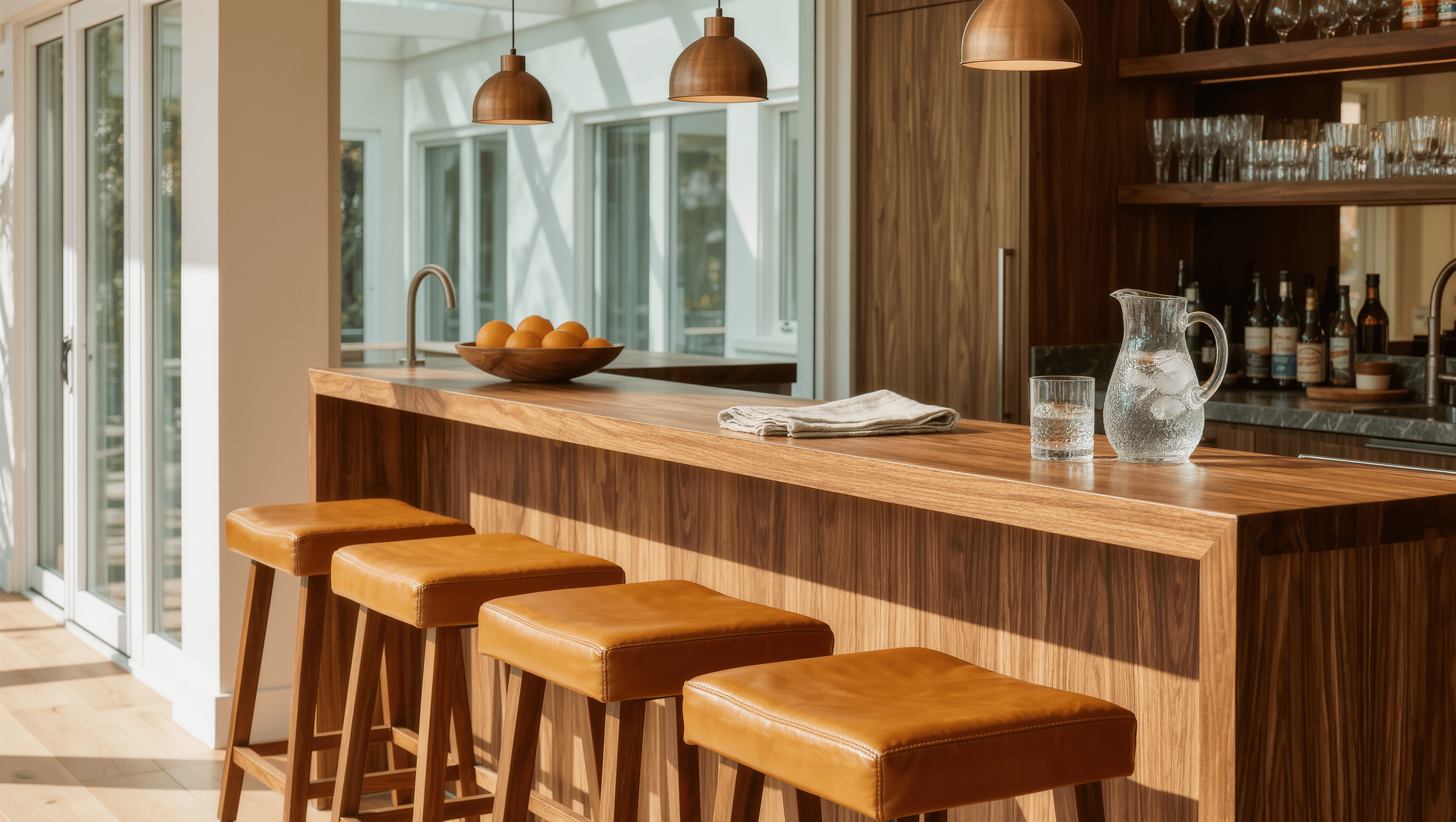 A side view of a home bar counter with three ochre leather stools showing knee space, a footrail, and a clear walking lane behind.
