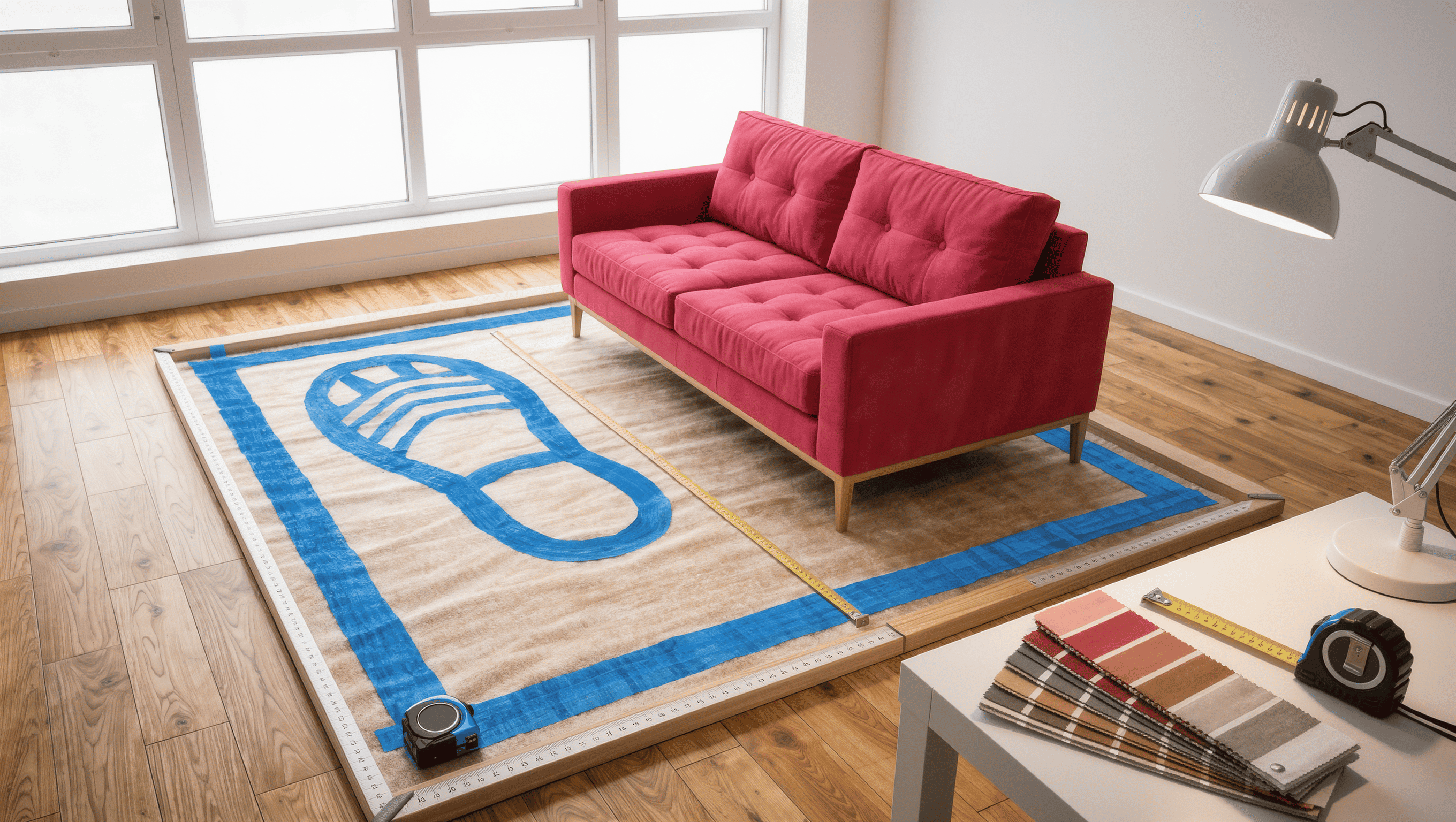 A living room with a sofa footprint taped on the oak floor in painter's tape, a stretched tape measure, and fabric swatches in bright daylight.