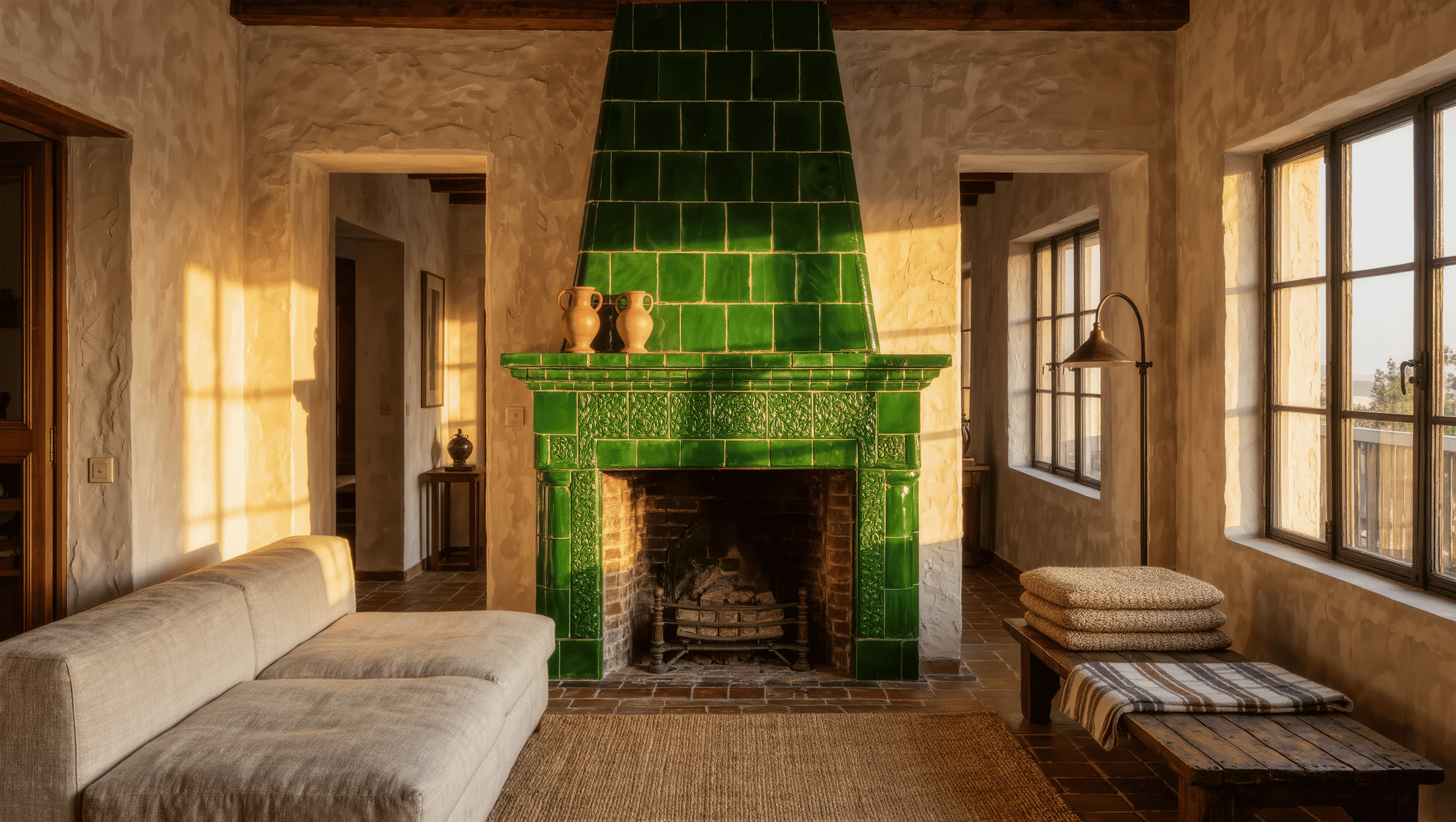 A 1920s Mediterranean-revival room with steel casement windows, plaster walls, a green tiled fireplace, and a modern linen sofa.