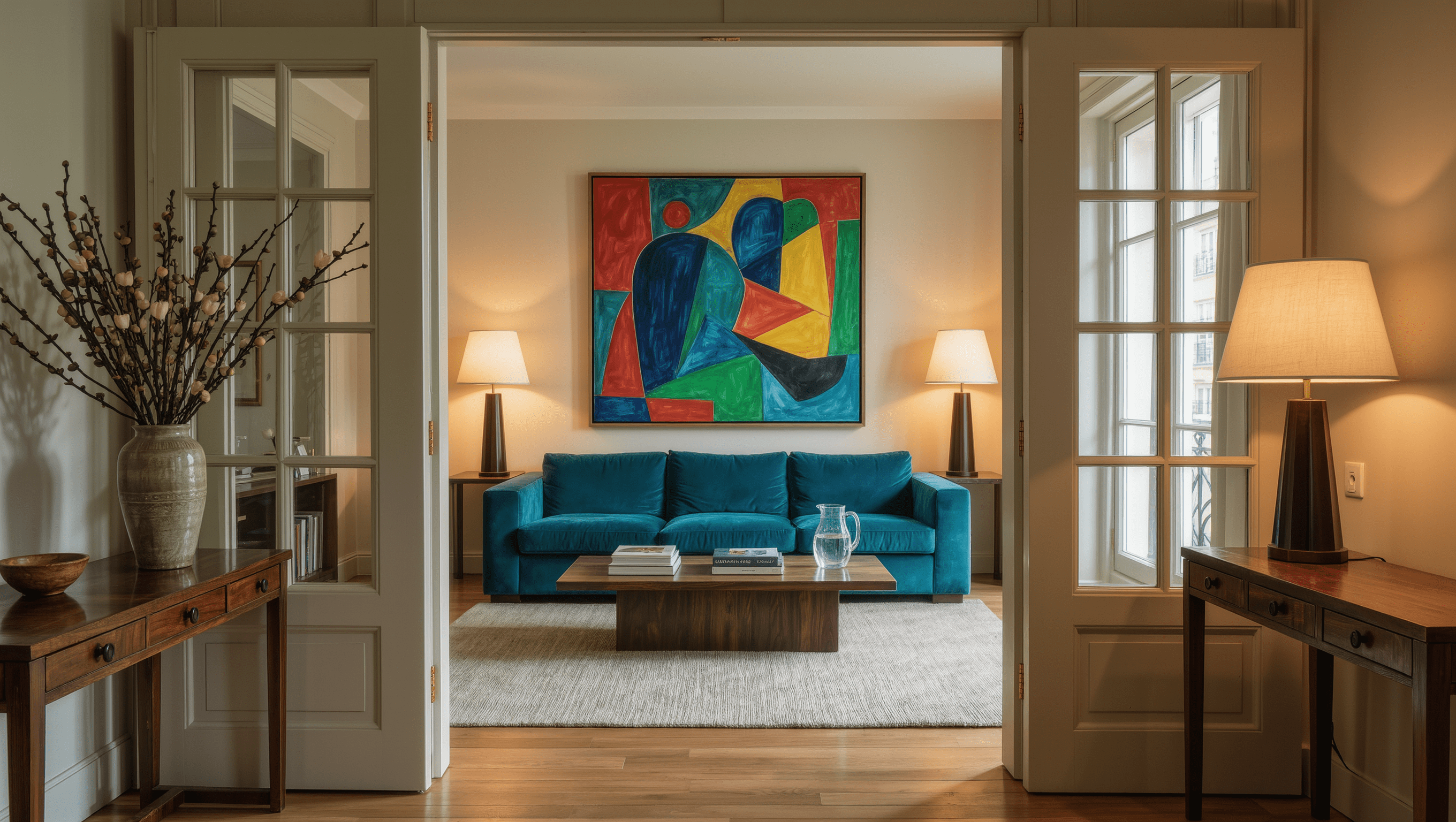 The view through a wide doorway into a living room composed around a peacock-blue sofa, symmetrical lamps, and a large painting.