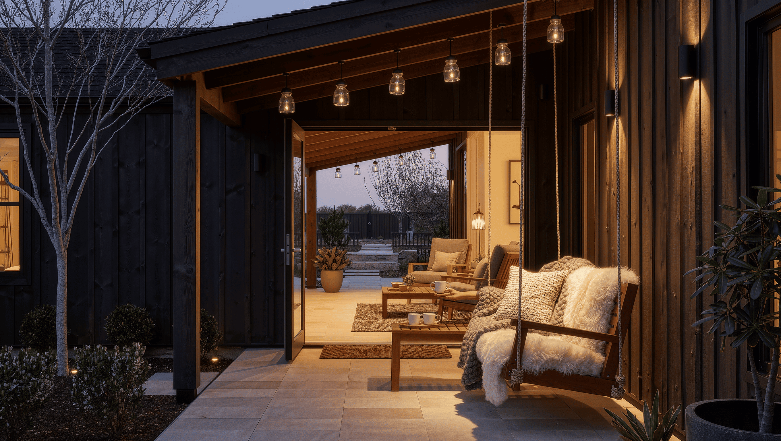 Open back door onto a covered landing with a porch swing, hung lanterns and a tray of mugs, warm interior light spilling onto evening stone.