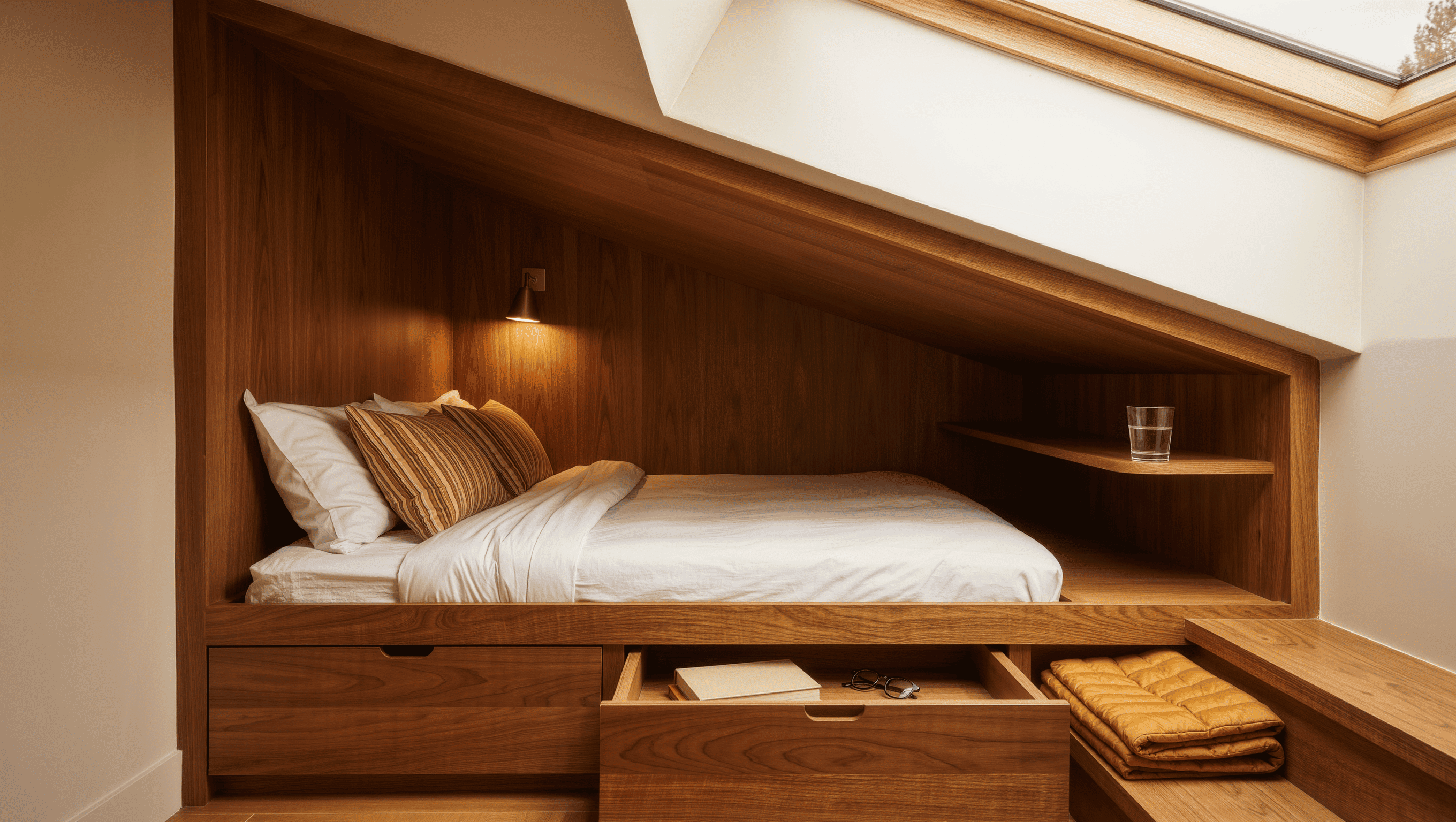 A small bedroom with an oak built-in sleeping alcove under a sloped ceiling, drawers below, and ochre striped bedding under a skylight.