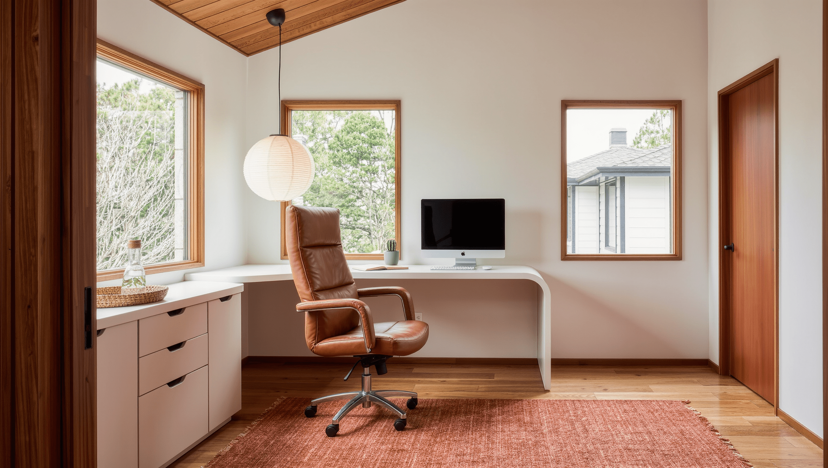 A bright home office showing the open floor space a cognac leather task chair needs around a curved white desk.