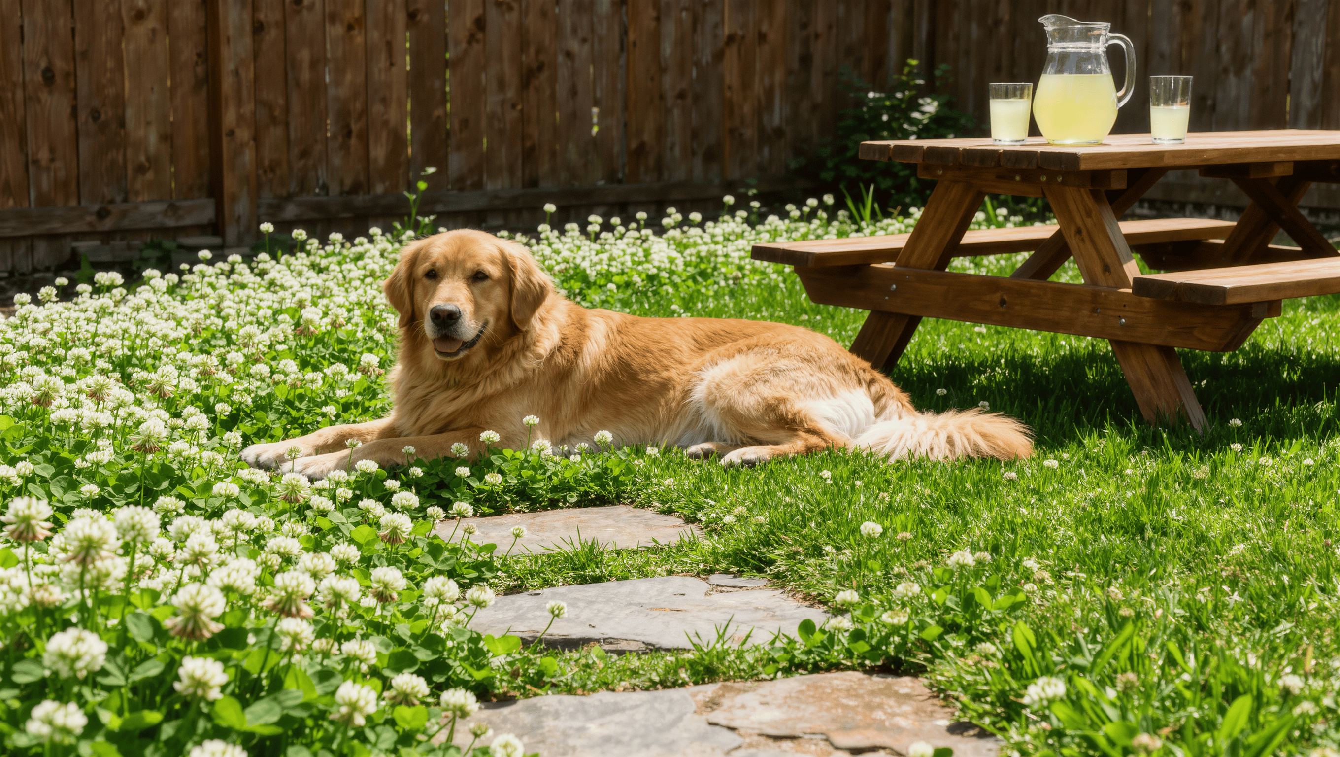 A small backyard with a white-flowering clover lawn, a stepping-stone path, a dog resting in the green, and a picnic table at the edge.