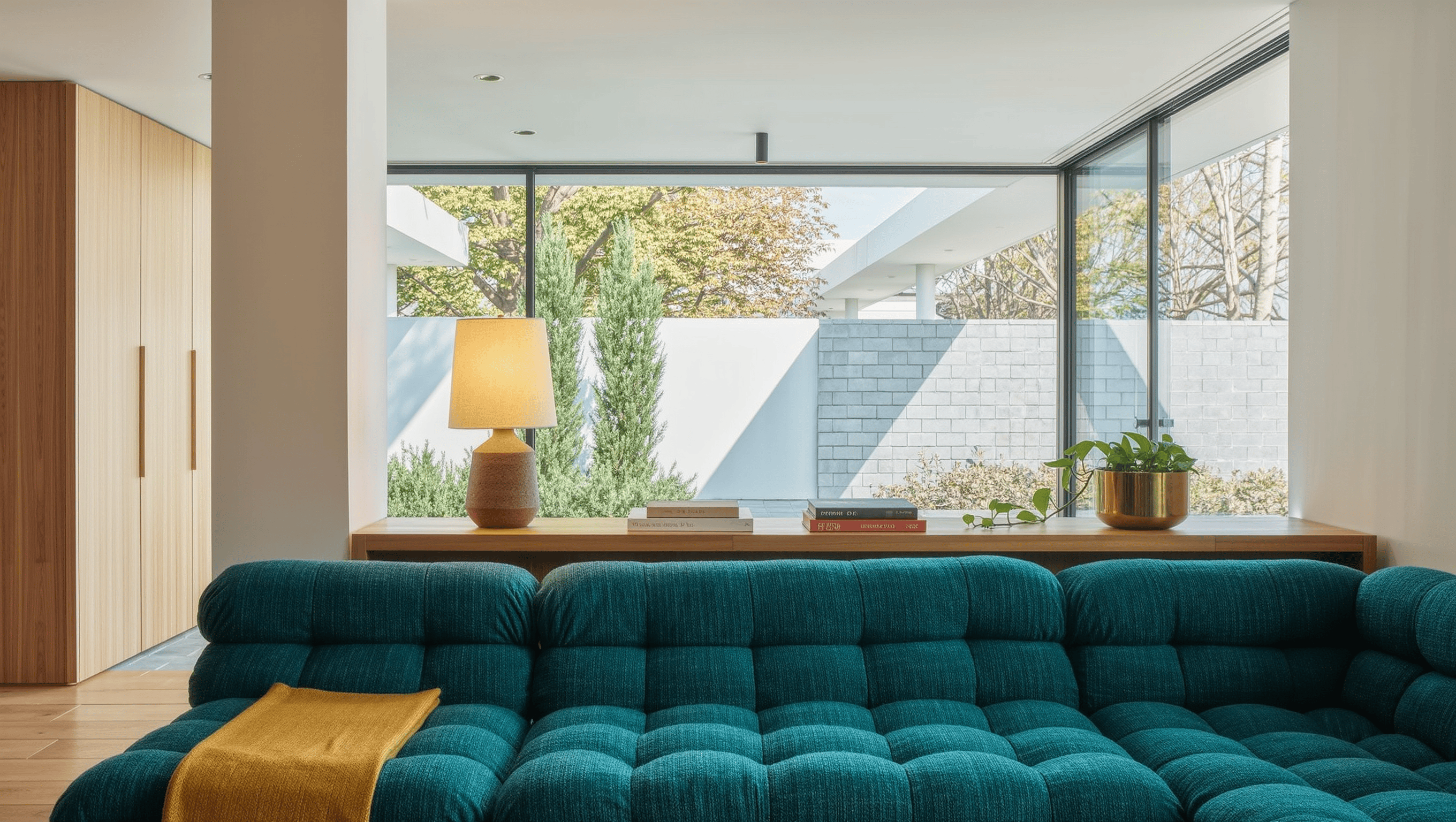 A slim walnut console with a lamp, books, and a trailing plant running behind a teal sofa in a bright living room.