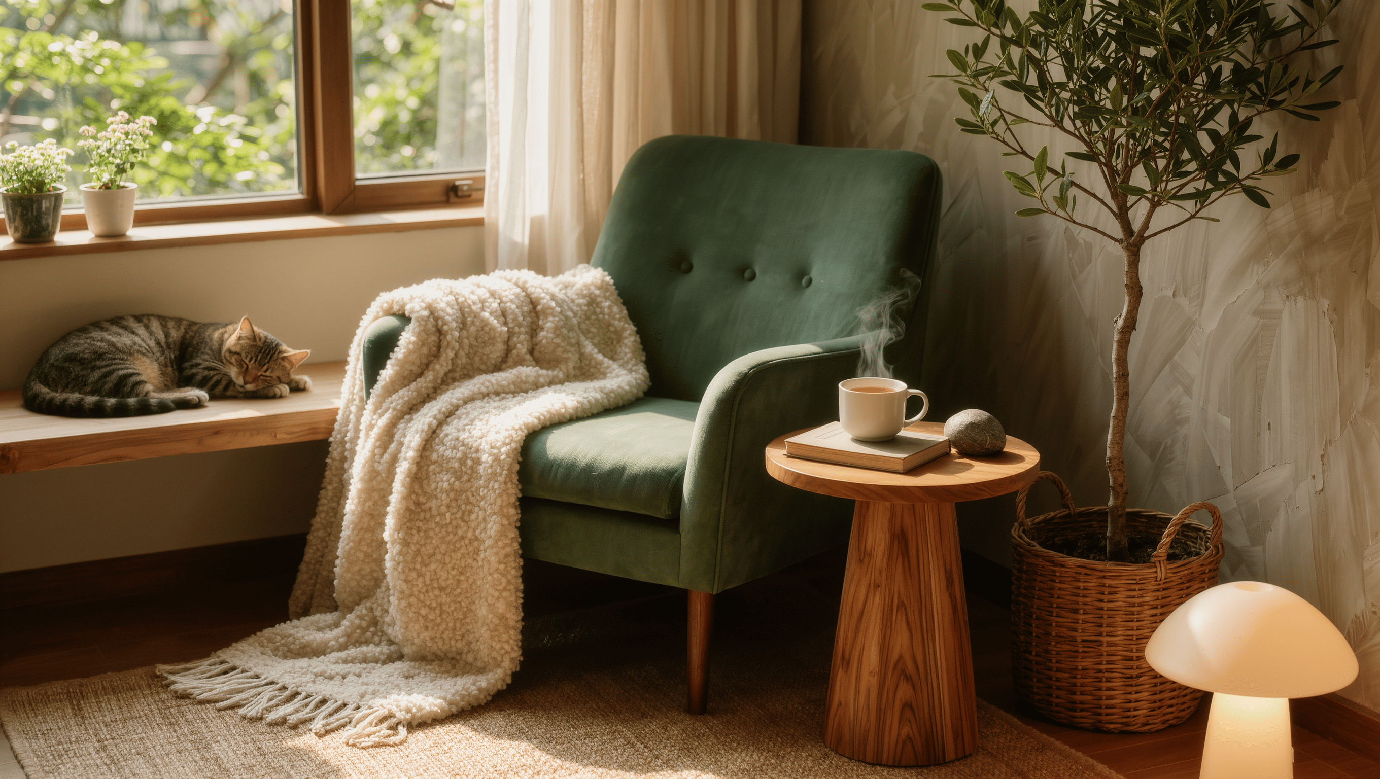A restorative sunlit corner with a sage-green armchair, sherpa throw, steaming tea on a small oak table, an olive tree, and a sleeping tabby cat on the window seat.