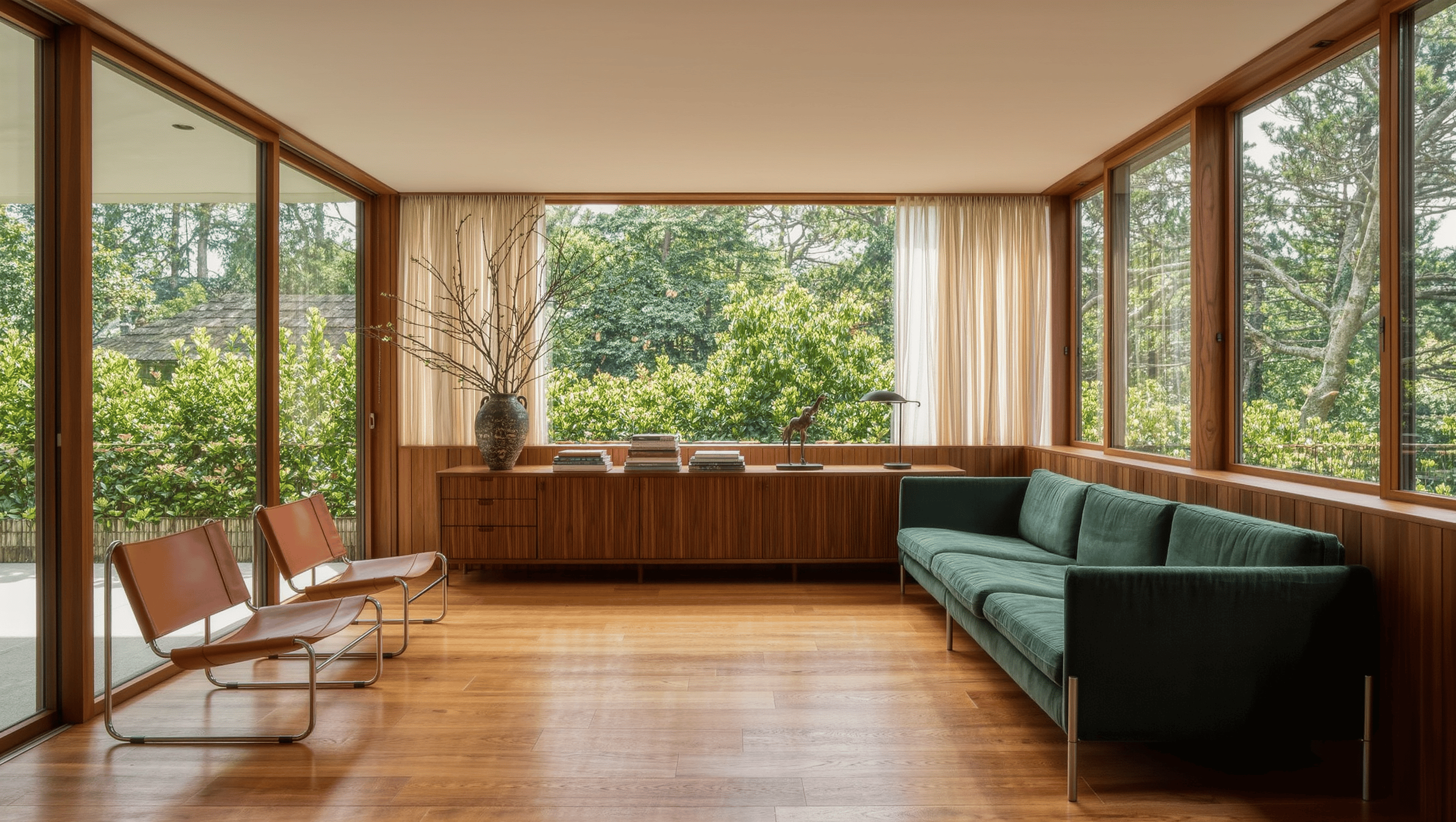 A sunlit living room with furniture composed at the edges and a wide expanse of open wood floor left deliberately clear in the center.