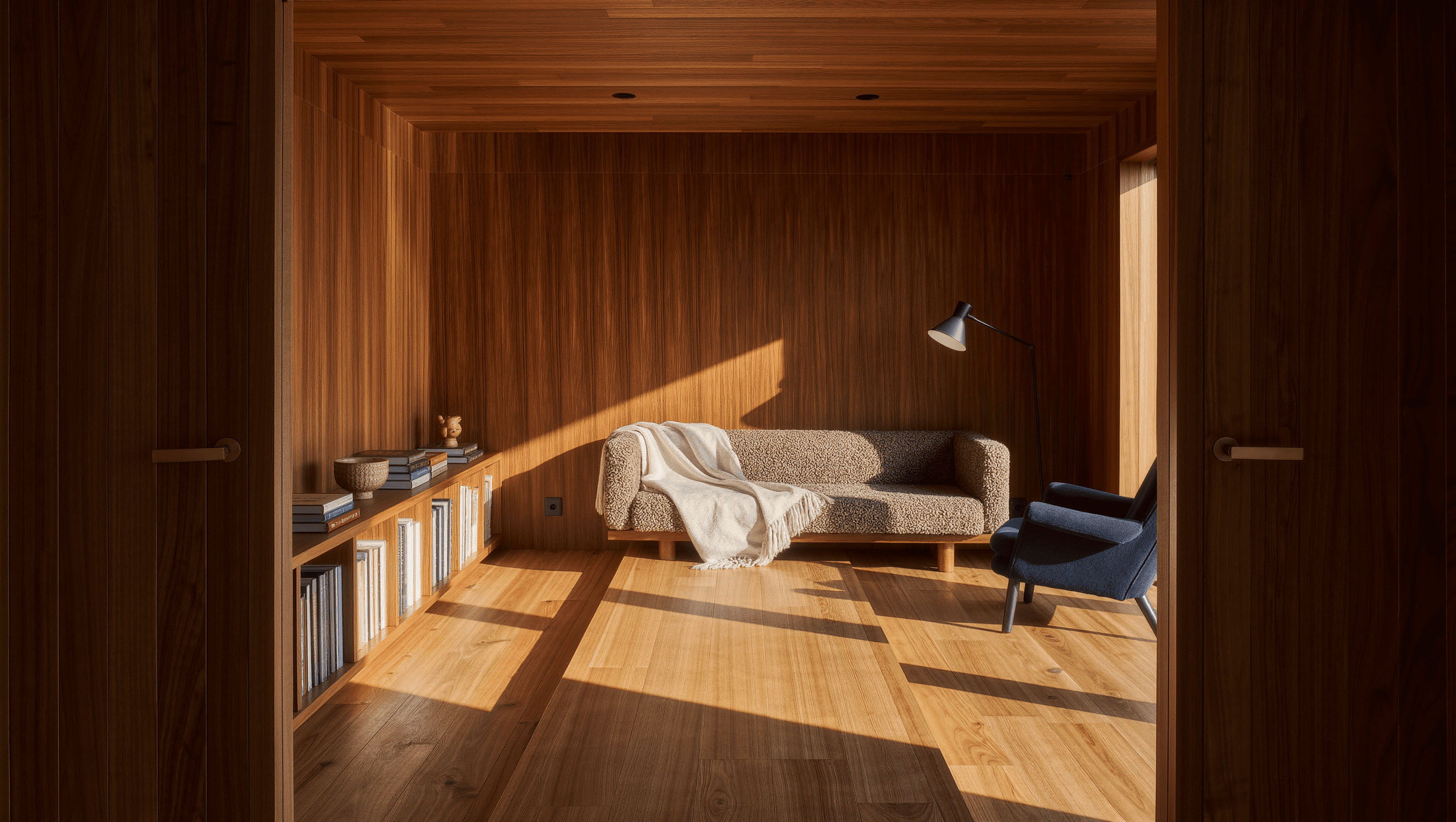 Clear sunlit diagonal walking path across the oak floor of a wood-panelled sitting room with a boucle settee and navy armchair