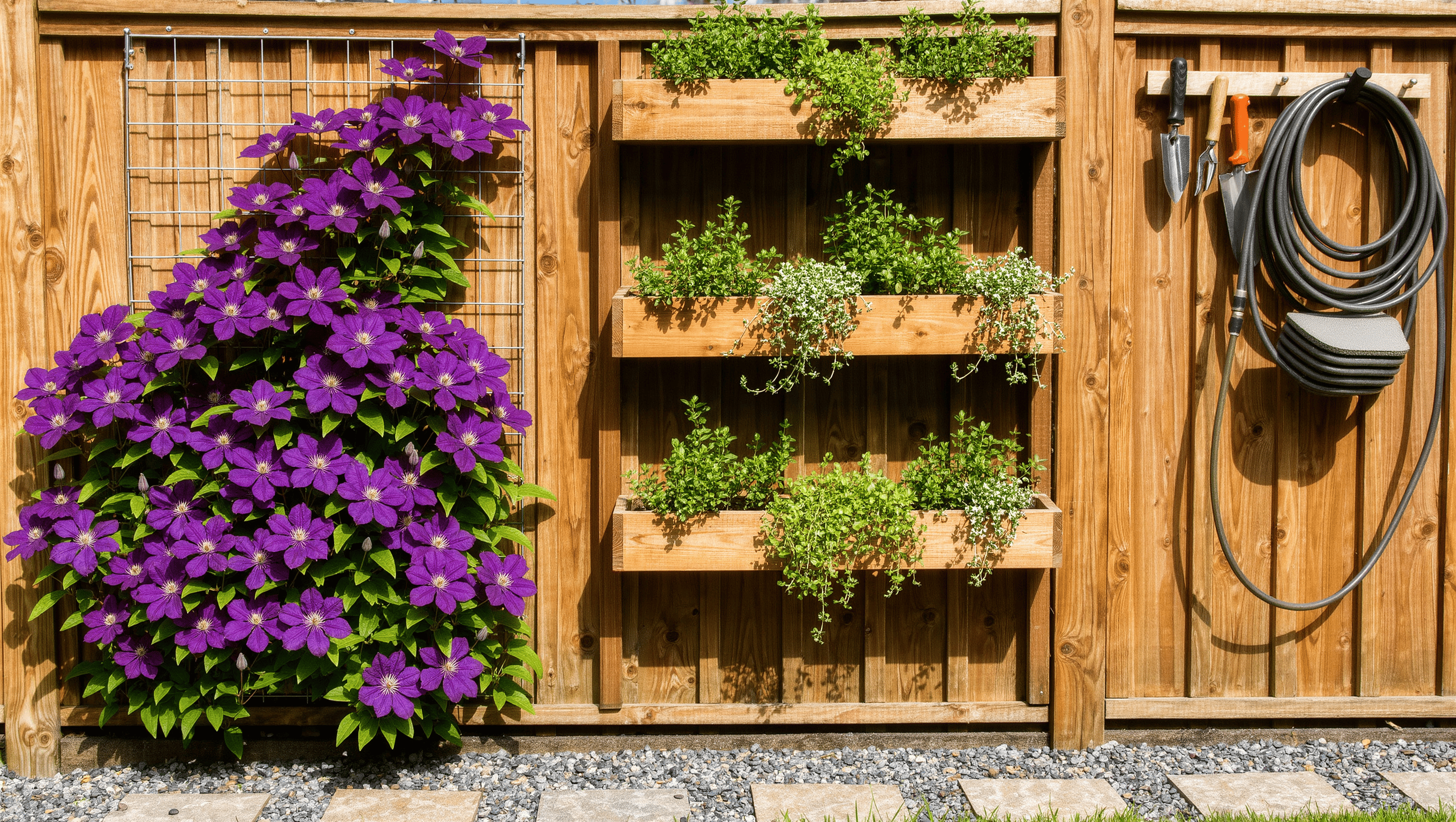 A cedar fence with a wire trellis of plum clematis, staggered mounted planter boxes of herbs, and a tidy tool rail with a coiled hose.